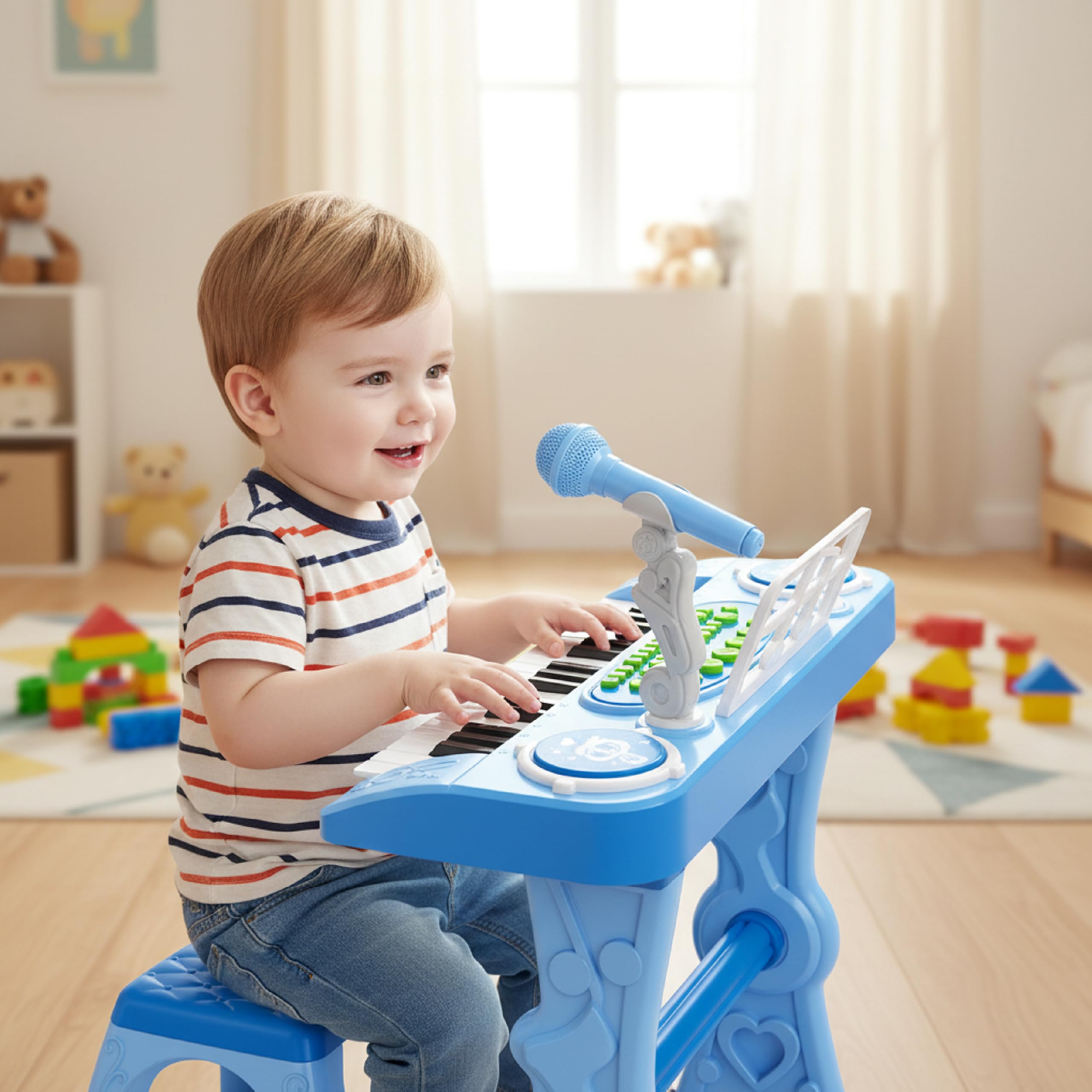 Baroni Toys Tastiera Elettronica con Sgabello per Bambini 3+ Anni con Microfono, Pianola Musicale con Melodie e Suoni Educativi, Tastiera 37 Tasti con Sedia Azzurra, 48x20x53cm