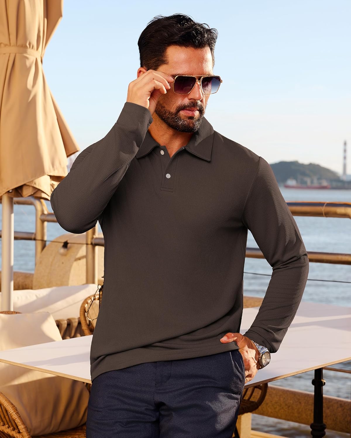 Mens Casual Polo Shirts Long Sleeve Striped Textured Slim Fit Lightweight Soft Classic Collared Golf Shirts - Image 4