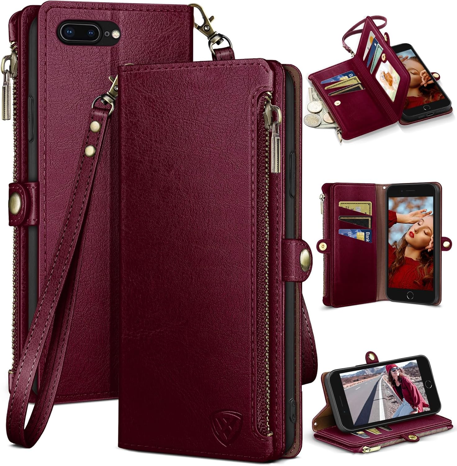XcaseBar for iPhone 7Plus/8 Plus 5.5" Wallet case with Zipper Credit Card Holder【RFID Blocking】, Flip Folio Book PU Leather Phone case Shockproof Cover Women Men for Apple 7 Plus case Wine Red