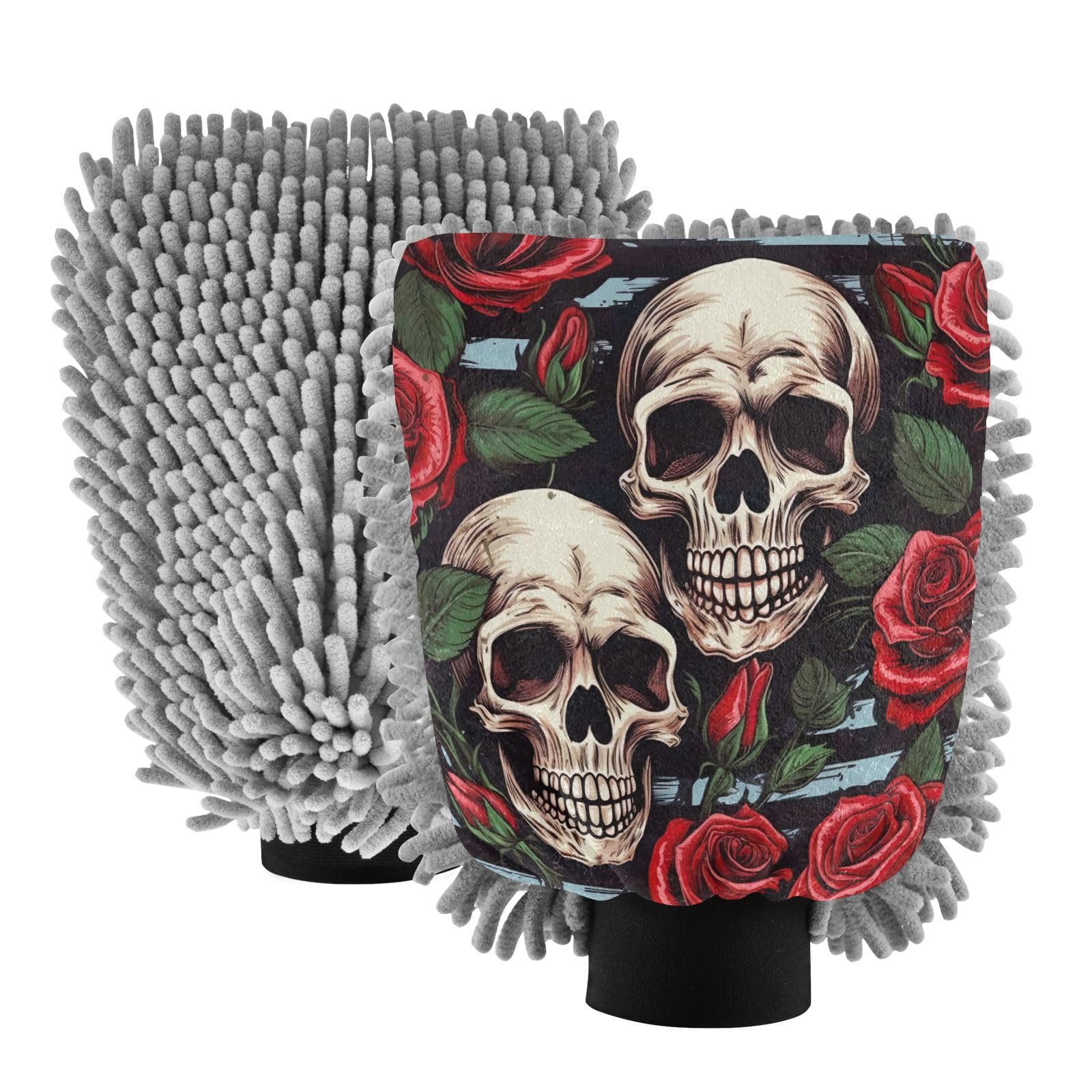 Flradish 2 Pack Beautiful Rose and Skull Car Wash Mitt Chenille Microfiber Lint-Free Scratch Free Ultra-Soft Absorbent Car Wash Mitt 11.8x8.07 Inch