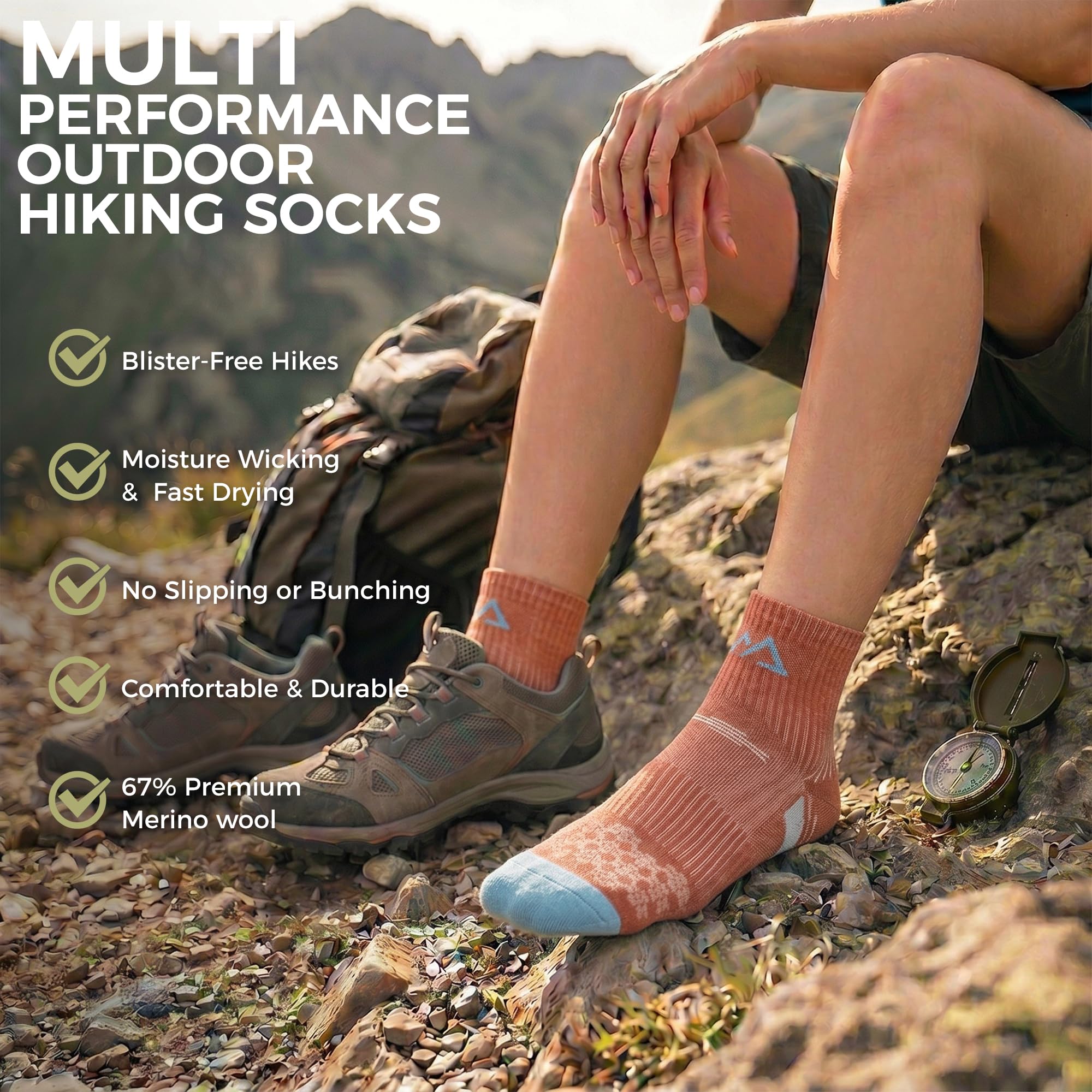 innotree Calcetines de senderismo de lana merino para mujer, calcetines térmicos de un cuarto de tobillo, absorben la humedad, 5 pares