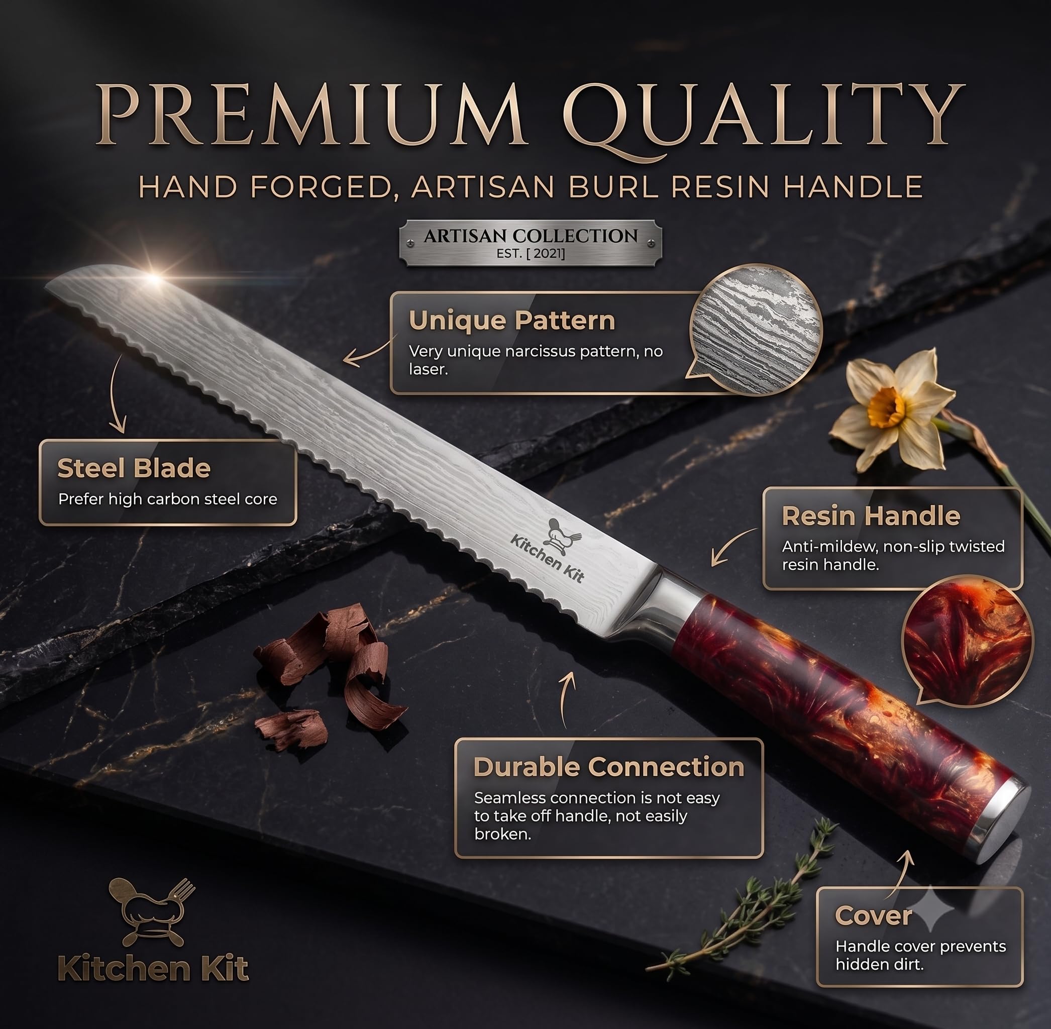 Damascus Bread Knife - 10 Inch Slicing Knife -5