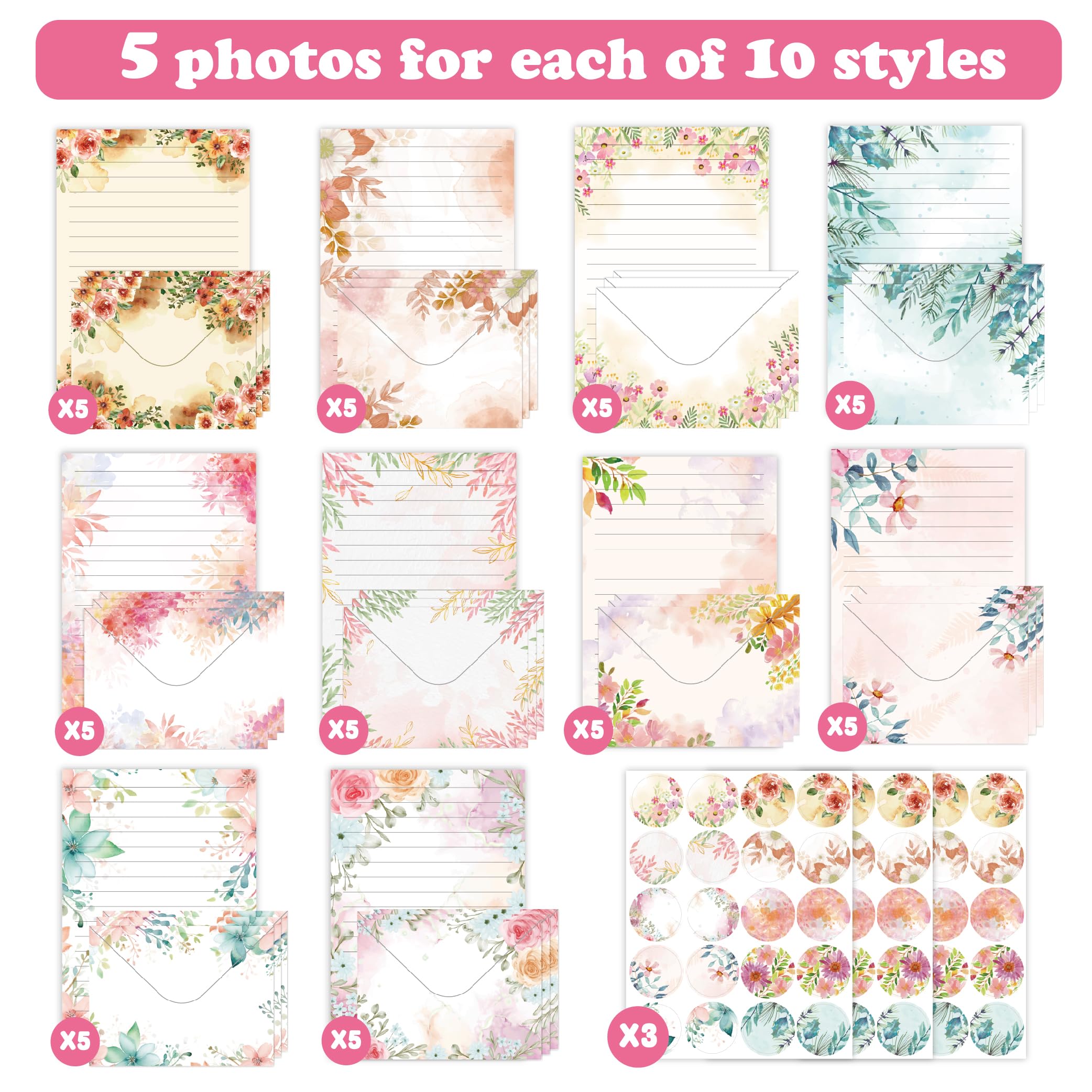 Briefpapier-Umschläge-Set, 160 Stück, 50 linierte Briefpapier, 50 Umschläge, 60 Punkt-Aufkleber, Vintage/Blumen/Blatt/Aquarell, verschiedene Stile (Schreibwaren, 160 Stück, Floral)