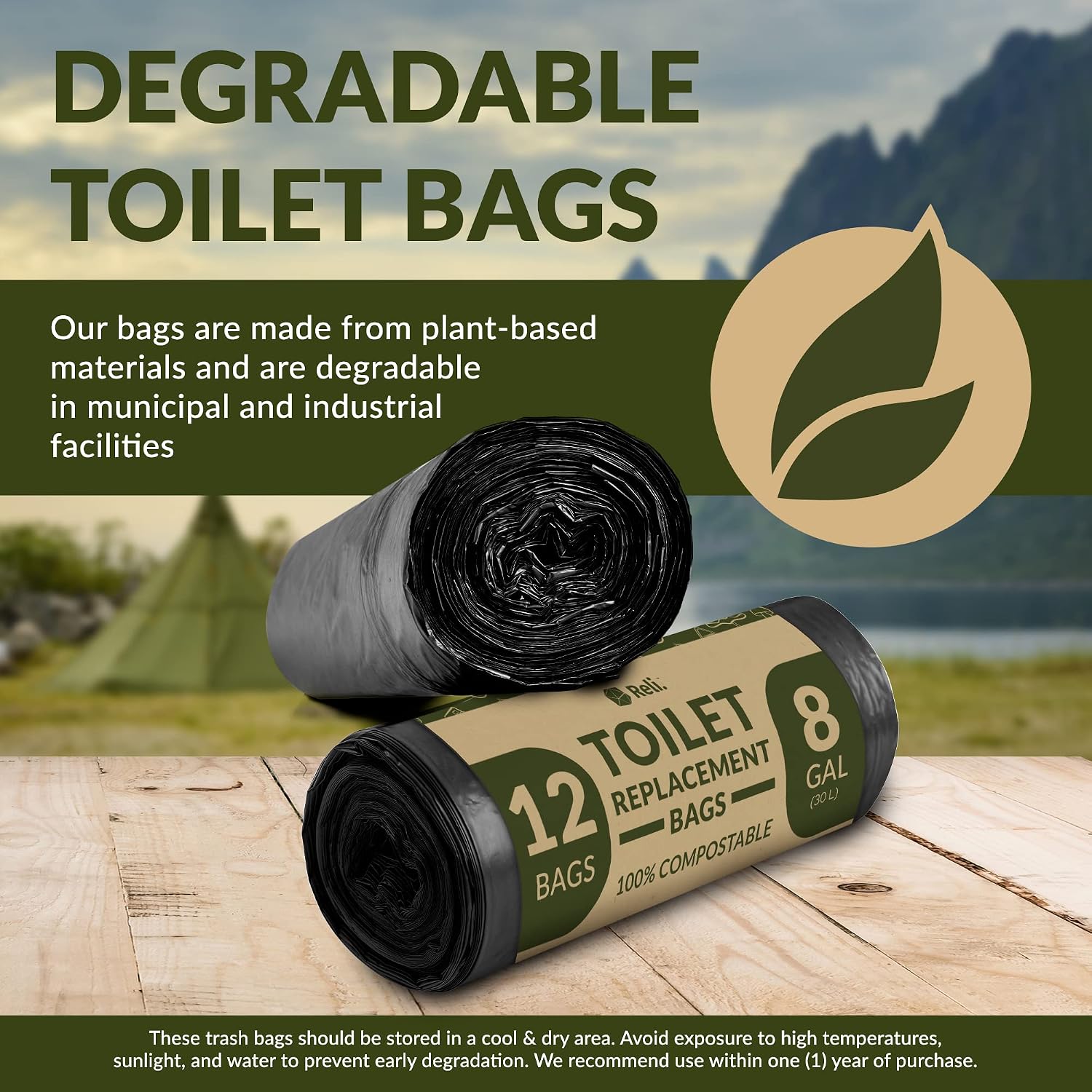 Reli. (12 Count) Portable Toilet Bags Compostable (8 Gallon - 1 Mil Thick) | Camping Toilet Bags | ASTM D6400 | Use for Portable Commode, Camp, Travel, Hiking (Black)