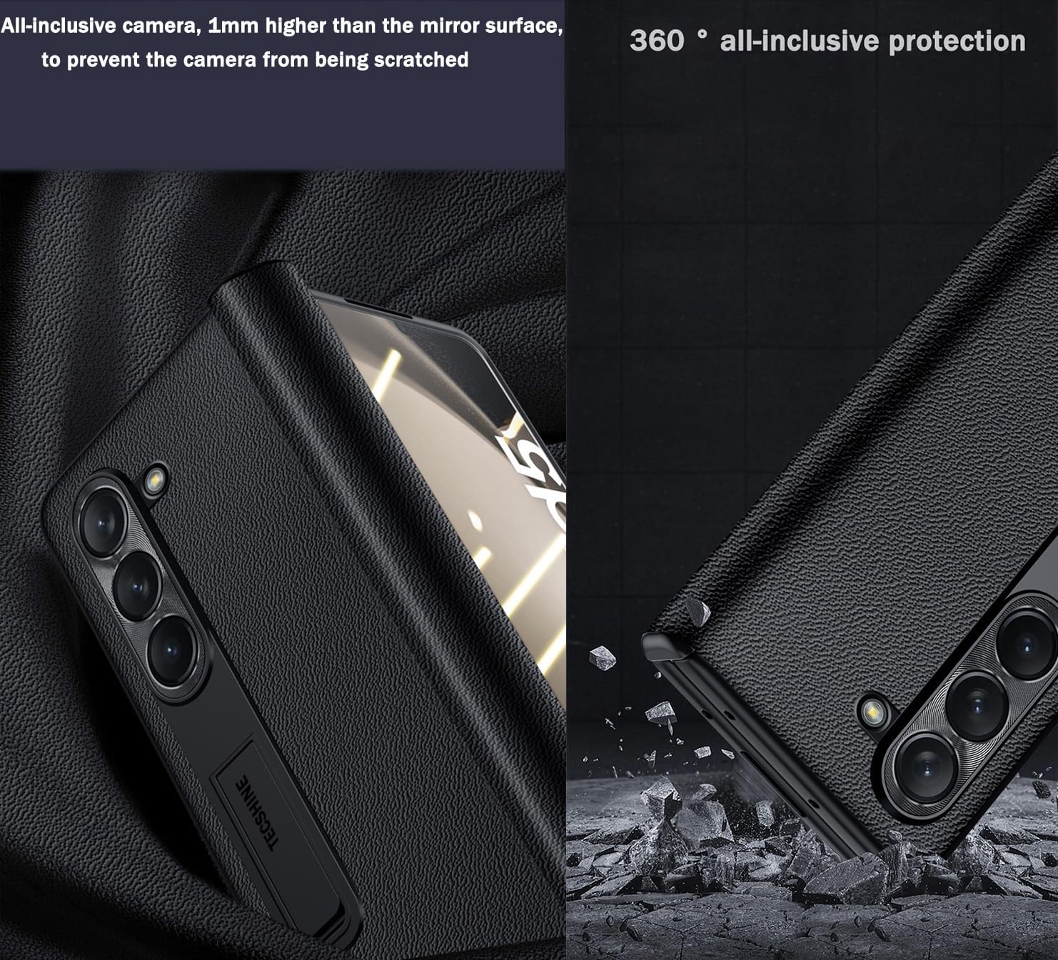 Leather Case for Samsung Galaxy Z Fold5, Hinged Cover for Samsung Galaxy Z Fold5 Phone, Bracket, Mobile Phone Shell, Support Frame, Leather Holster -Black