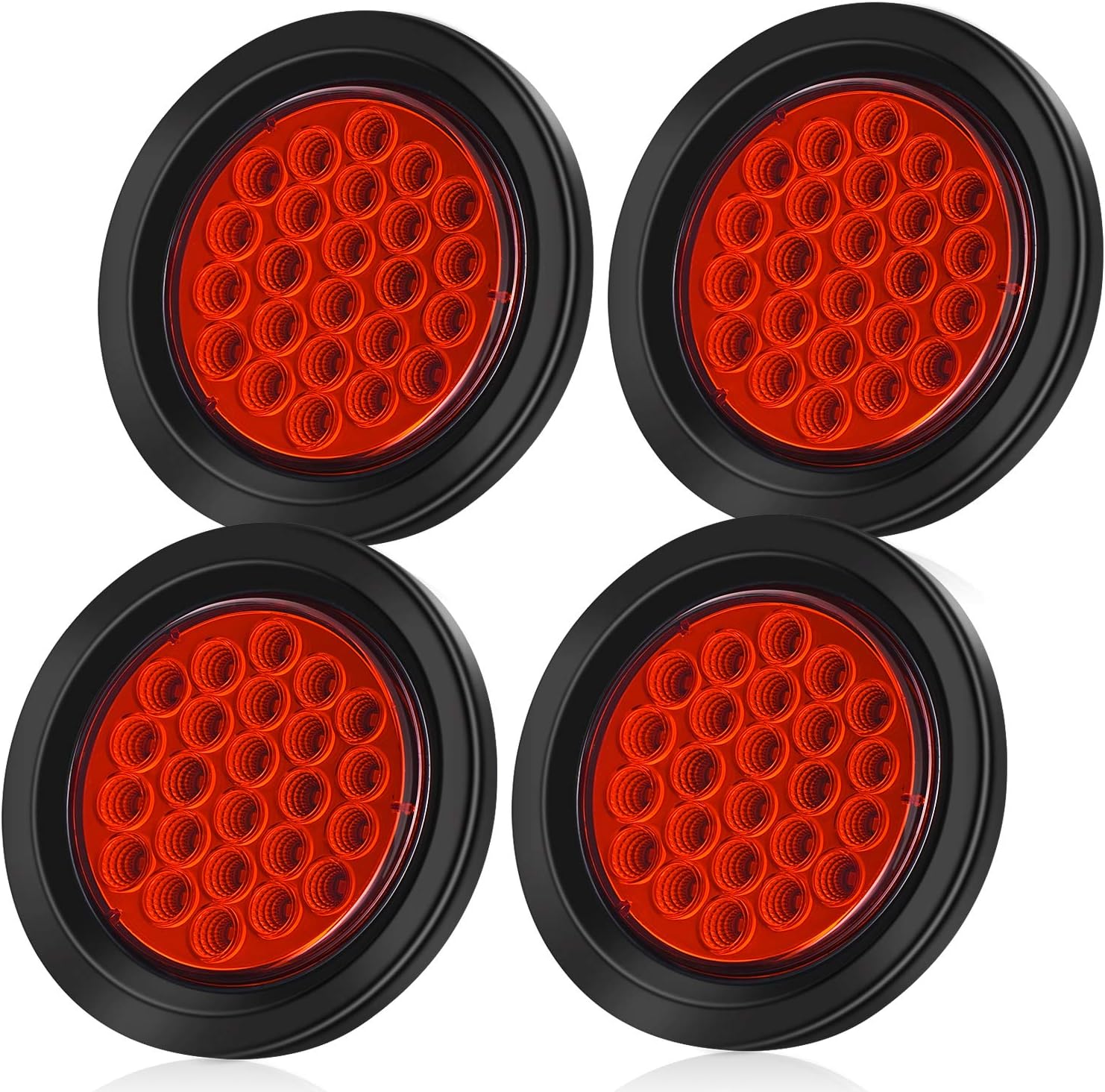 LINKITOM 4 Inchs Round Trailer Lights, Super Bright Red 24 LED Brake Turn Signal Tail Lights with Waterproof Rubber Gaskets for Boat Trailer Truck RV [DOT Certified] [IP67], 4 Pack