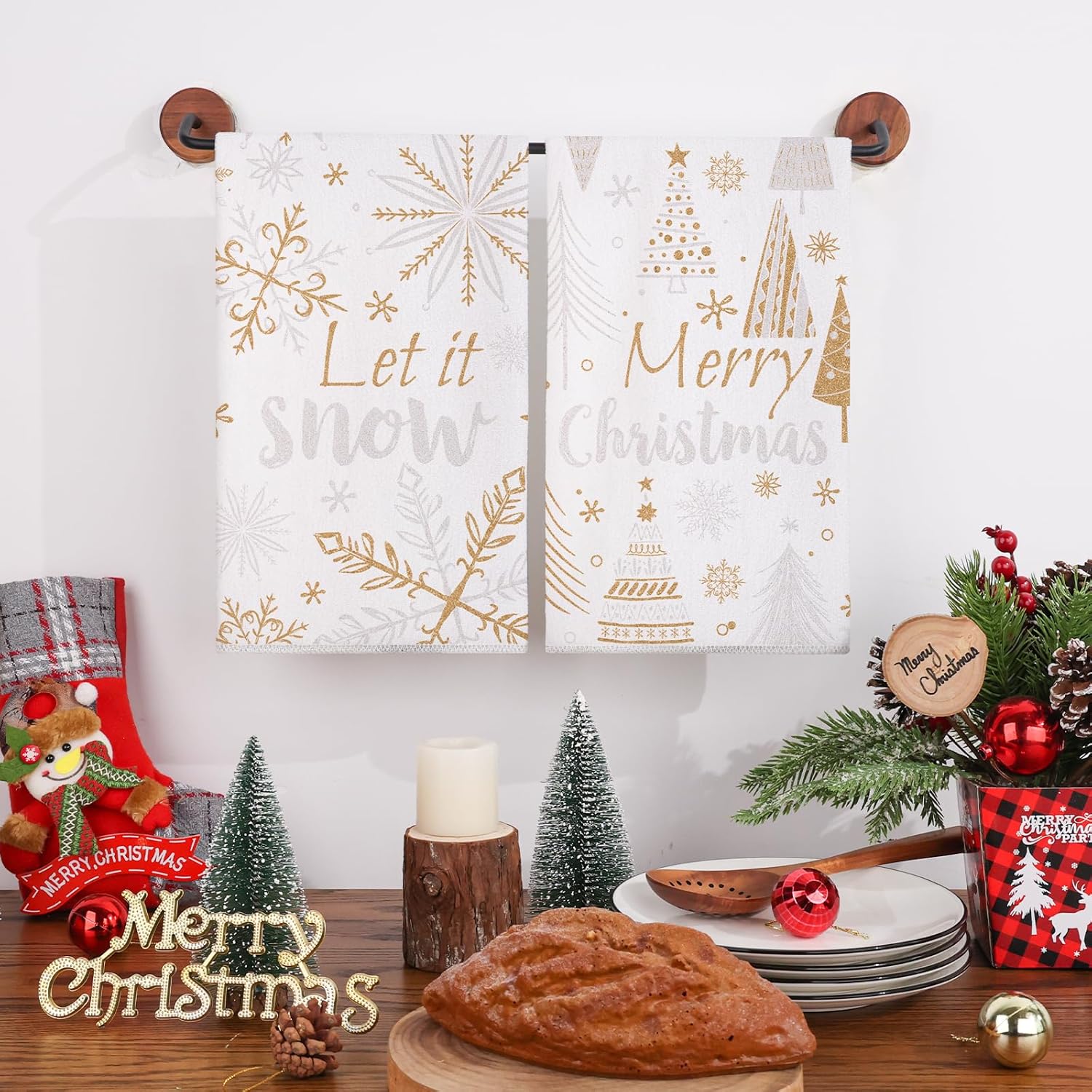 Siilues Christmas Kitchen Towels 18x26 Inch Set of 2, Gold Silver Tree Snowflake Merry Christmas Dish Towels Let It Snow Seasonal Winter Decorations for Home Drying Dishcloth - Image 2