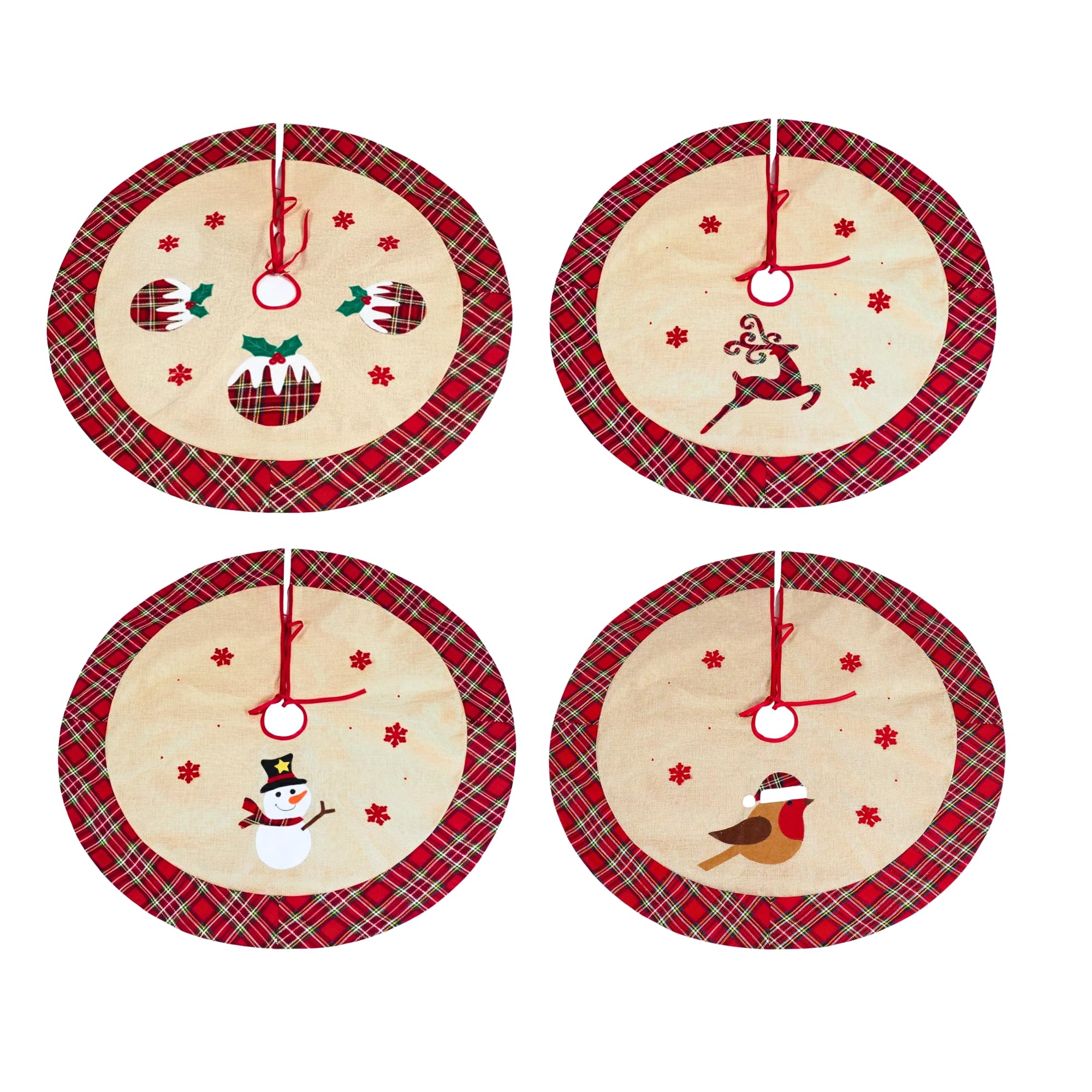 86cm Pack of 4 Assorted Christmas Tree Skirts, Burlap Hessian Linen Xmas Tree Base Covers with Snowflake Print Including Christmas Pudding, Reindeer, Robin and Snowman Designs for Holiday Decorations