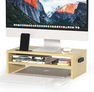 BONTEC Wood Monitor Stand Riser, Desk Monitor Stand with Smartphone Holder, Ergonomic Laptop Stand with Cable Management for Computer, Notebook, iMac, PC, 2 Tiers Black (W420 x D235 x H142mm) Maple