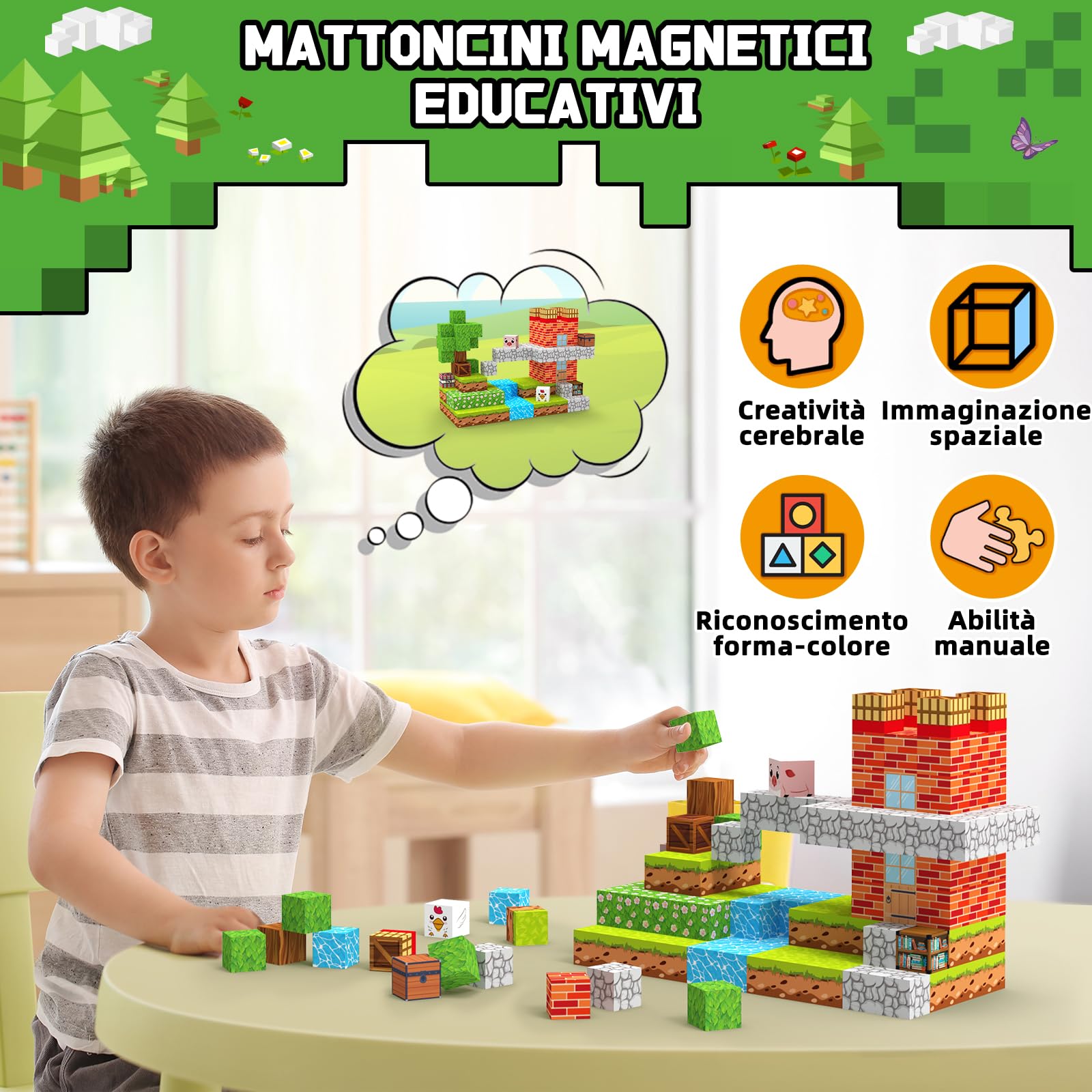 Costruzioni Magnetiche per Bambini 150 Pezzi 2CM, Cubi Magnetici per Bambini con Fattoria e Mulino a Vento, Giocattoli Montessori dai 3 ai 9 Anni Regali per Ragazzi e Ragazze