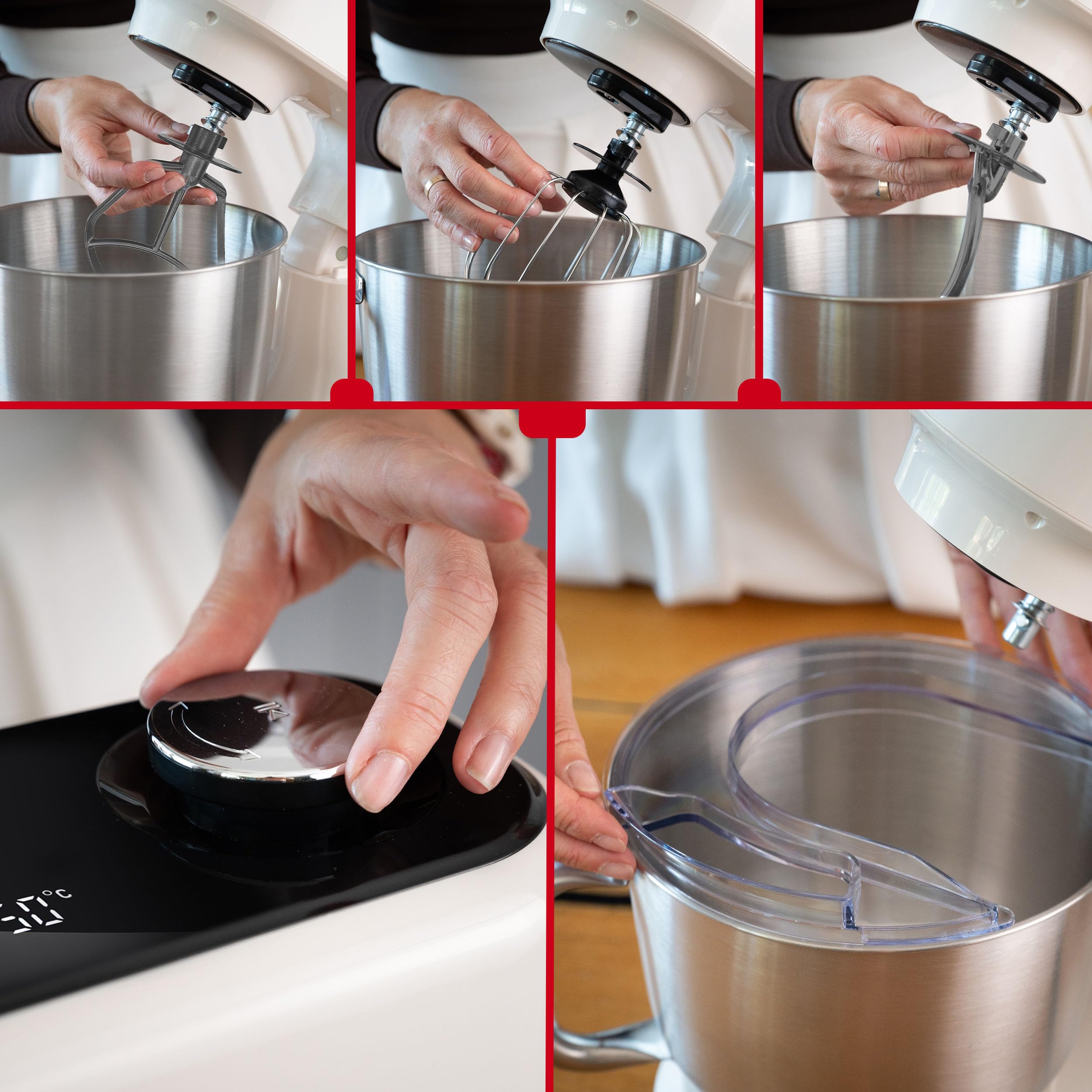 LEHMANN Robot Pâtissier avec Écran, 1500W, Bol Mélangeur 5L avec Fonction Fermentation et Chauffage, Balance Intégrée, 12 Vitesses, Minuterie, 3 Mélangeurs - Fouet, Batteur, Crochet, Beige