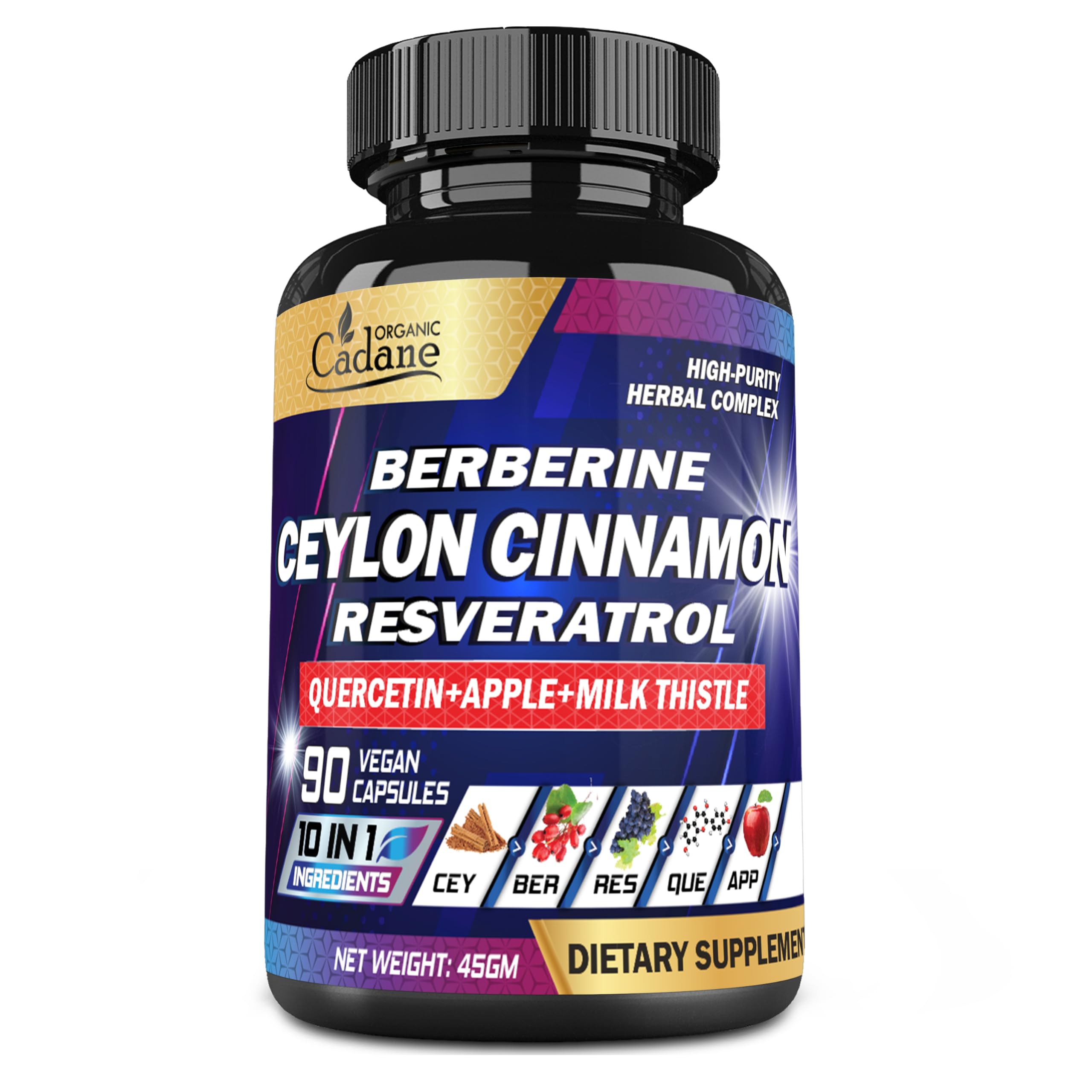 Cadane Ceylon Cinnamon, Berberine, Quercetin Supplement - Support Heart, Body, Digestive & Immunity - 10in1 with Milk Thistle, Turmeric, Apple & More - 90 Veggie Capsules