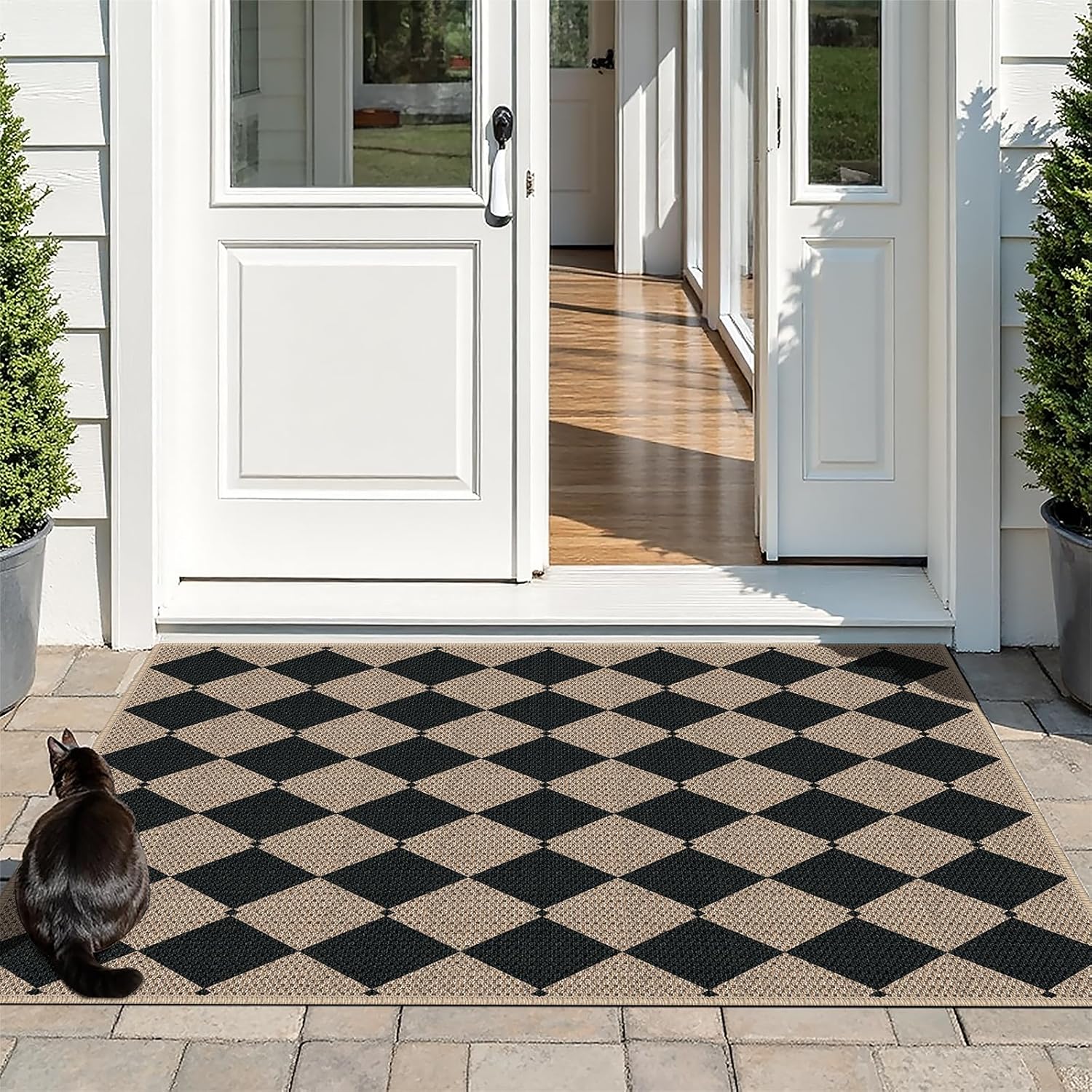 Easy Jute 3x5 Black Checkered Area Rug,Washable Entryway Rug, Modern Diamond Door Carpet,Neutral Non-Slip Outdoor Indoor Farmhouse Rug for Living Room Kitchen Patio Bedroom