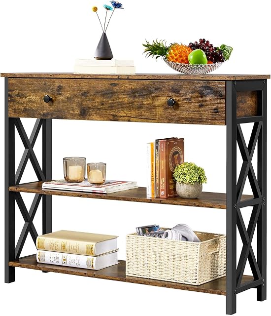 Yaheetech Industrial Console Table with Drawer Metal Frame, Vintage Sofa Table with 2 Open Shelves for Living Room, Hallway & Bedroom, Rustic Brown