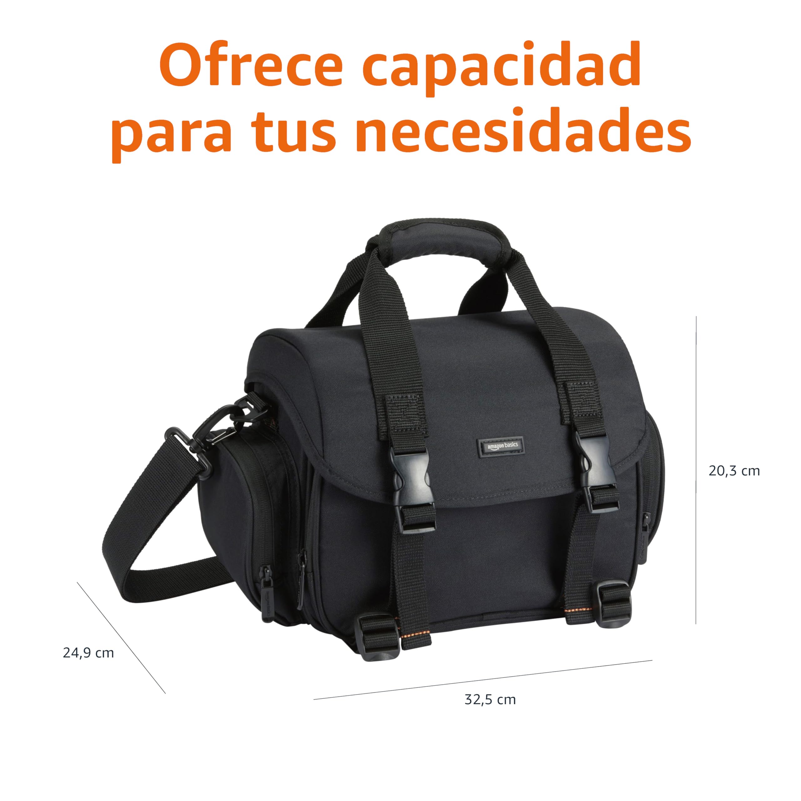 Amazon Basics Bolsa de Hombro para Cámara SLR y Accesorios, Grande, Correa Ajustable, Impermeable, Antichoque, Sólido, Acolchado - Negro/Gris