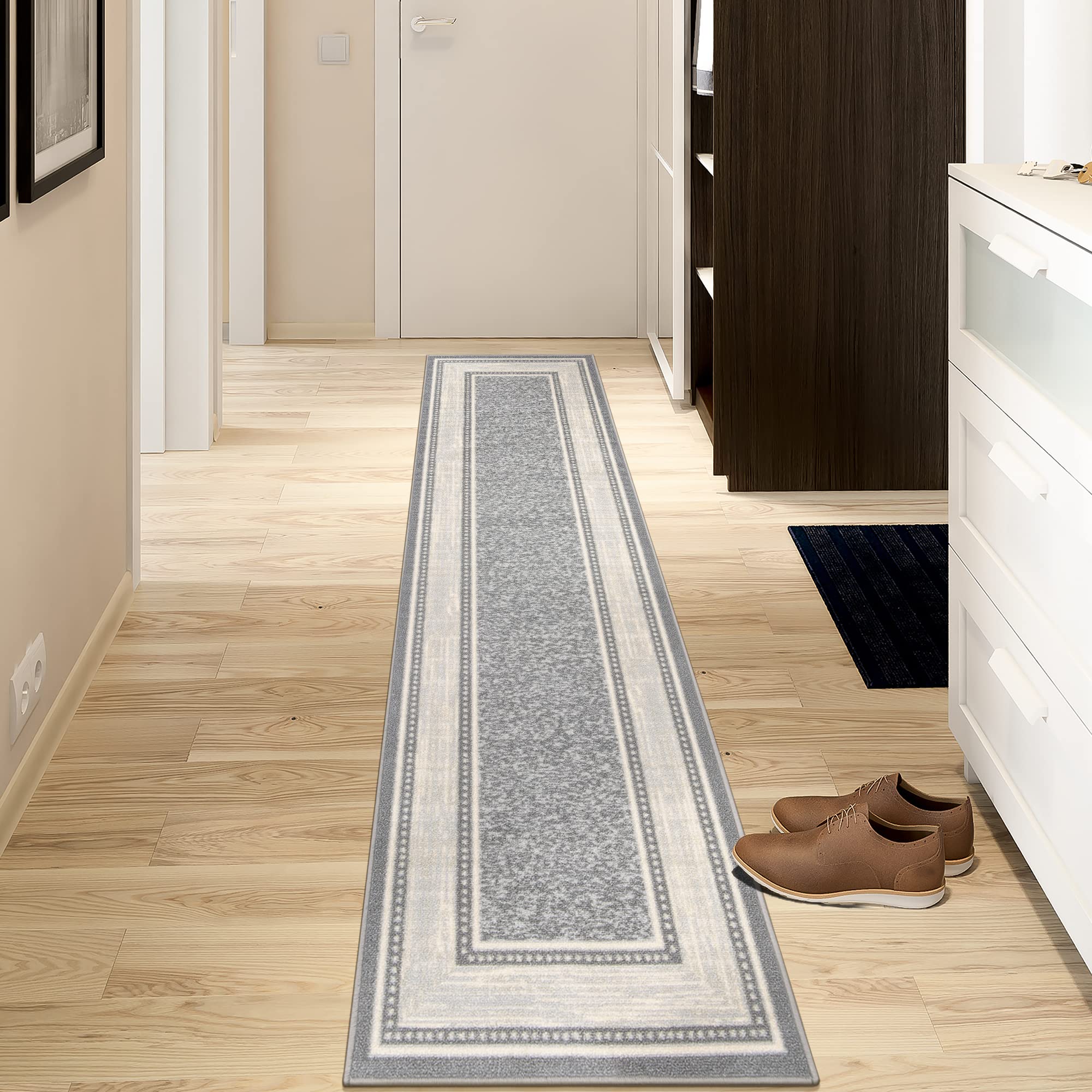 Ottomanson Ottohome Collection Contemporary Bordered Design Rubberback Runner Rug, 1'10" x 7', Grey