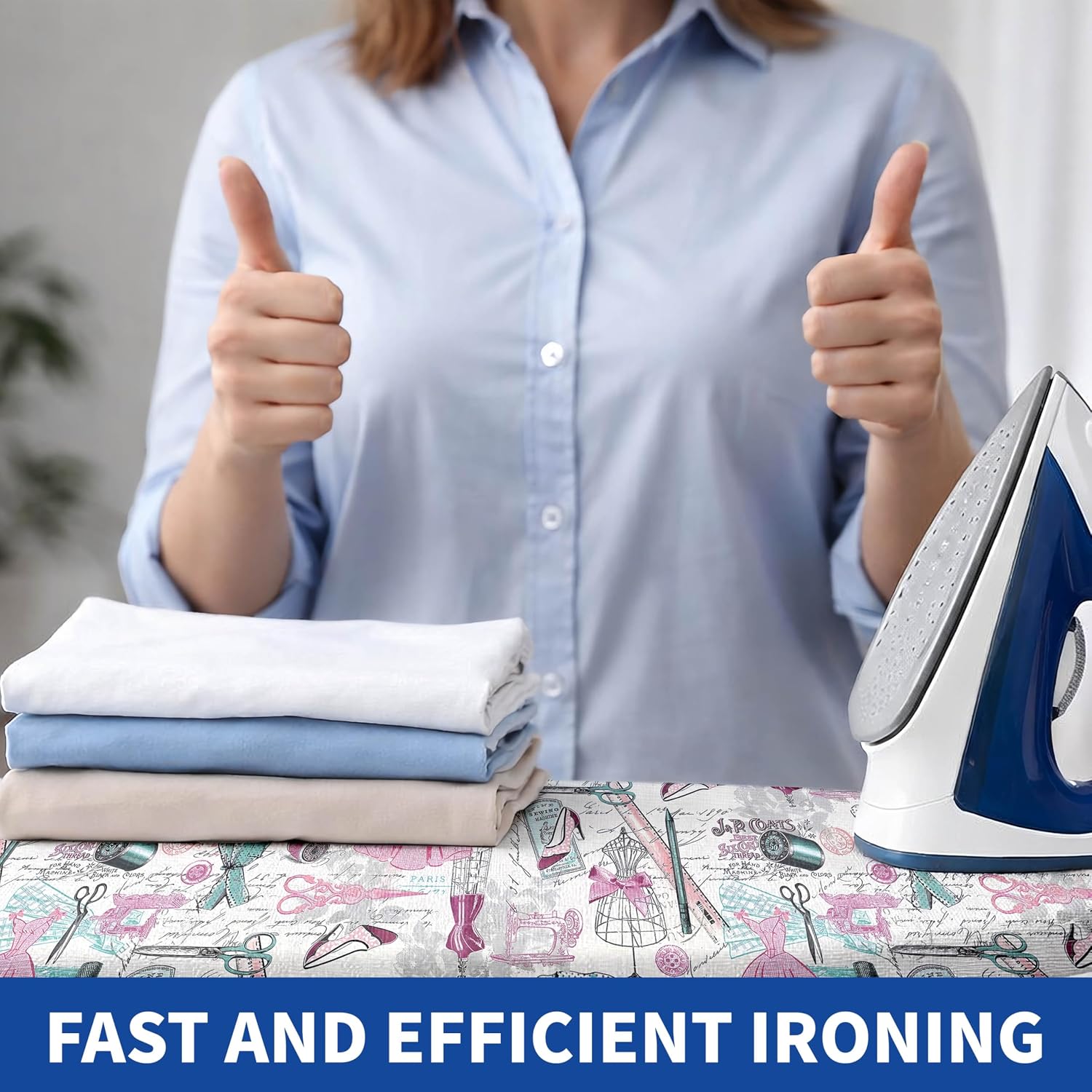 Ironing Board Cover and Pad,Thick Scorch Resistant Padding Pink Sewing Print Iron Boards Covers,Standard Size Easy-Fastening Magic Tape & Elastic Edges for Secure Fit
