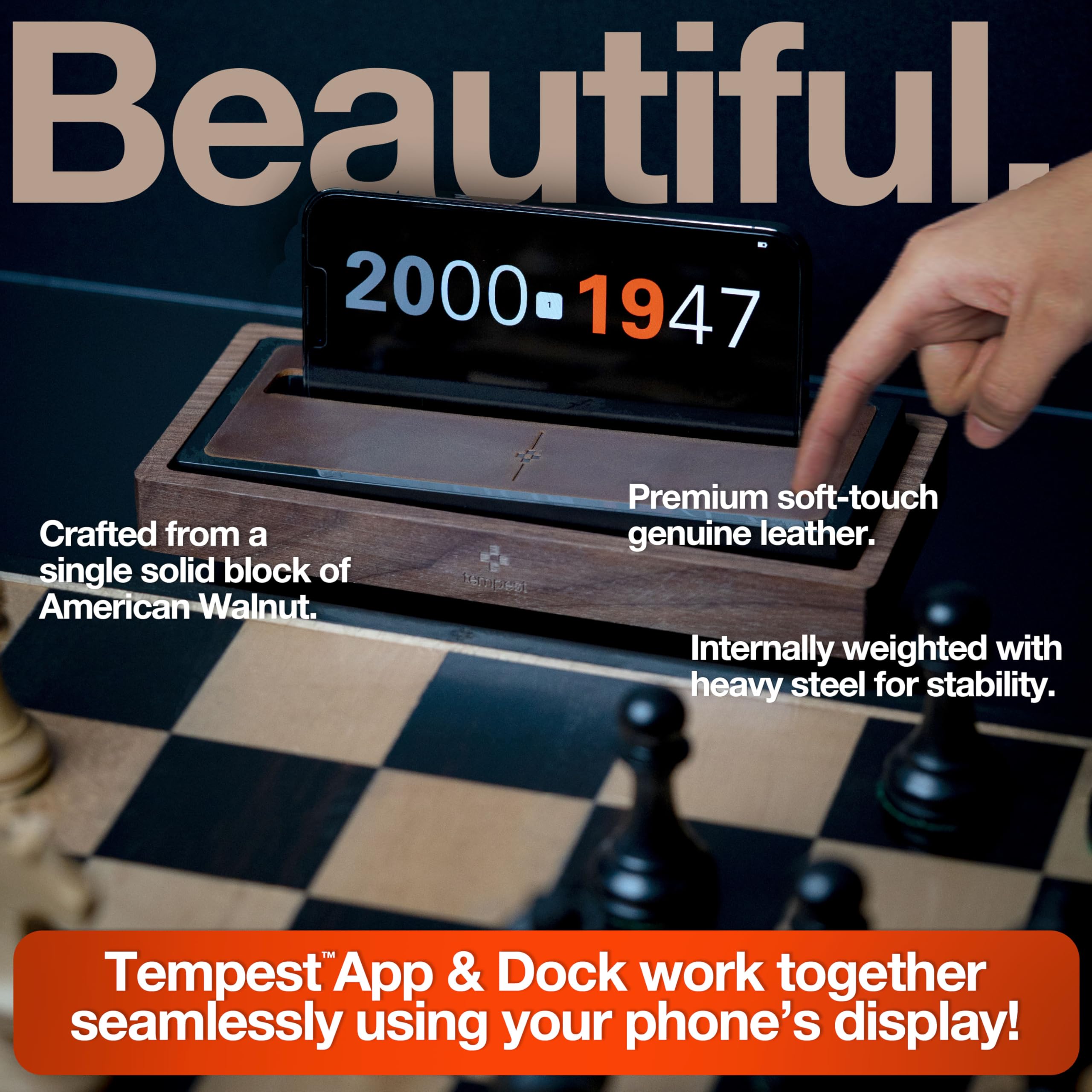 Tempest Deluxe Chess Clock: Zegar szachowy z litego orzecha i prawdziwej skóry, aplikacja iOS/Android