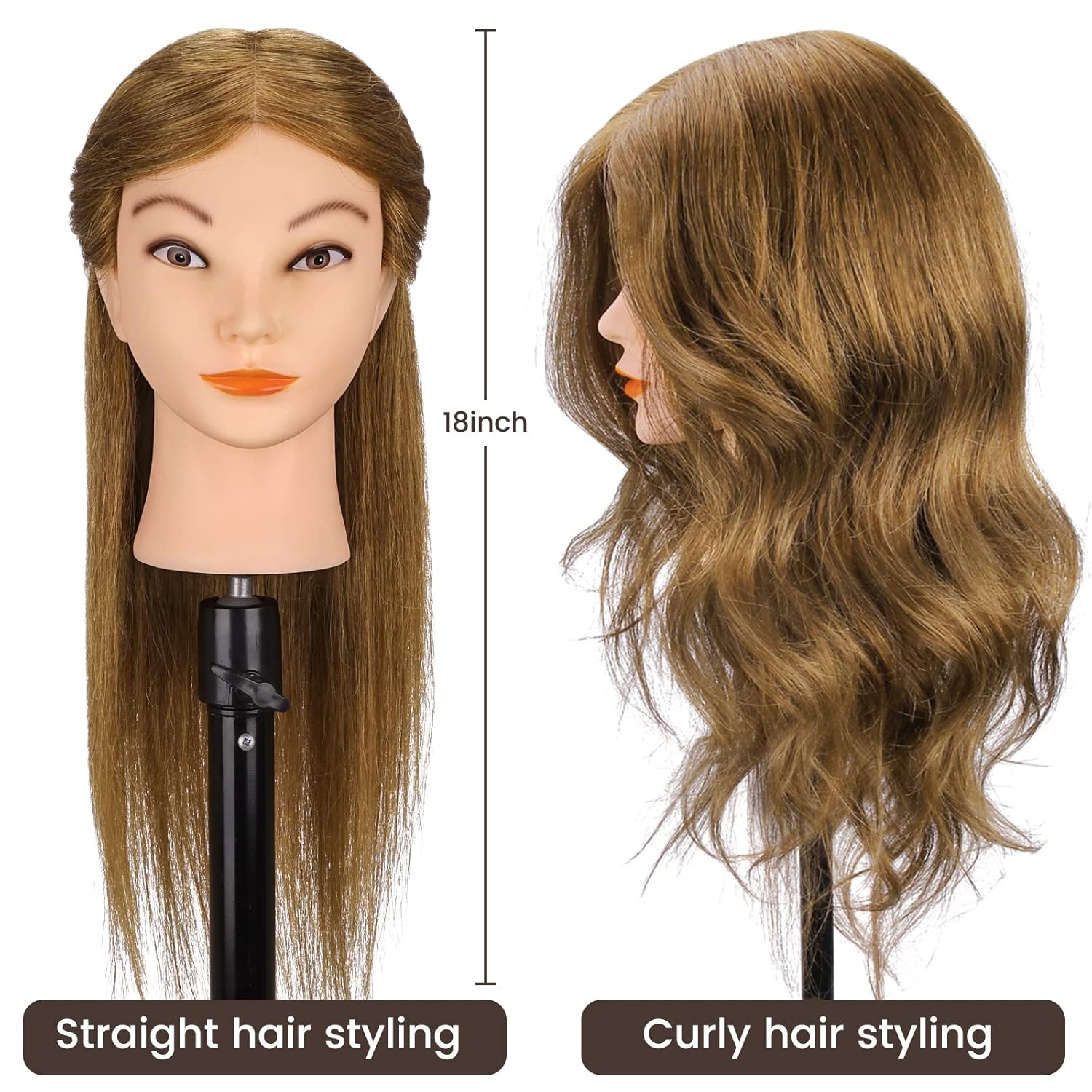 Mannequin Head with 100% Real Hair for Cosmetology, CENOZ 18" Light Brown Hairdresser Training Head with Clamp Holder and Tool, Doll Head Mannequin Head for Hair Styling Practice