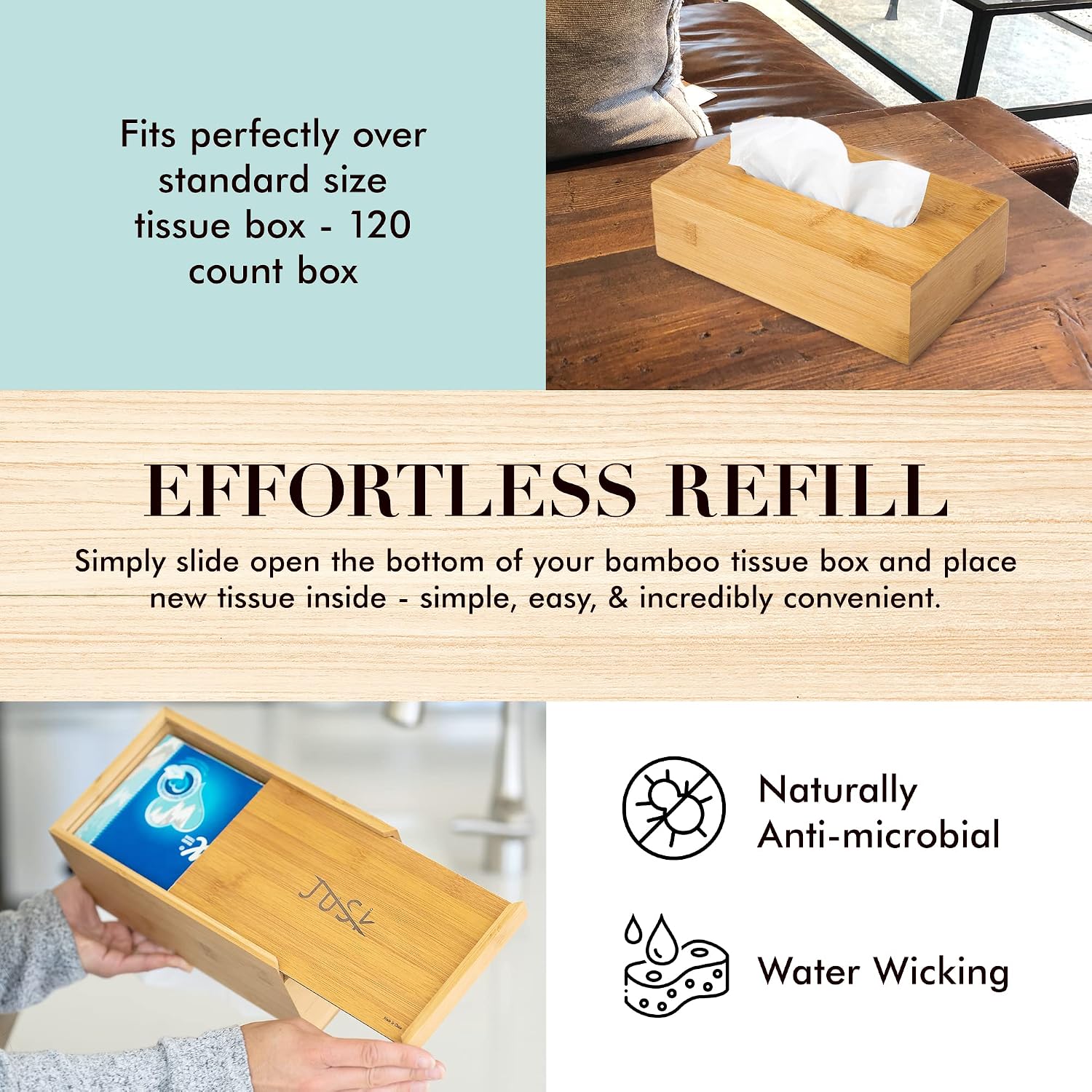 JUSK Design Tissue Box Holder - Modern, Minimalist, and Durable Wooden Tissue Box with Sliding Bottom, Easy-Refill- Premium-Quality Bamboo Tissue Box Cover, Fits 120-Count Box, Short Rectangular image 4