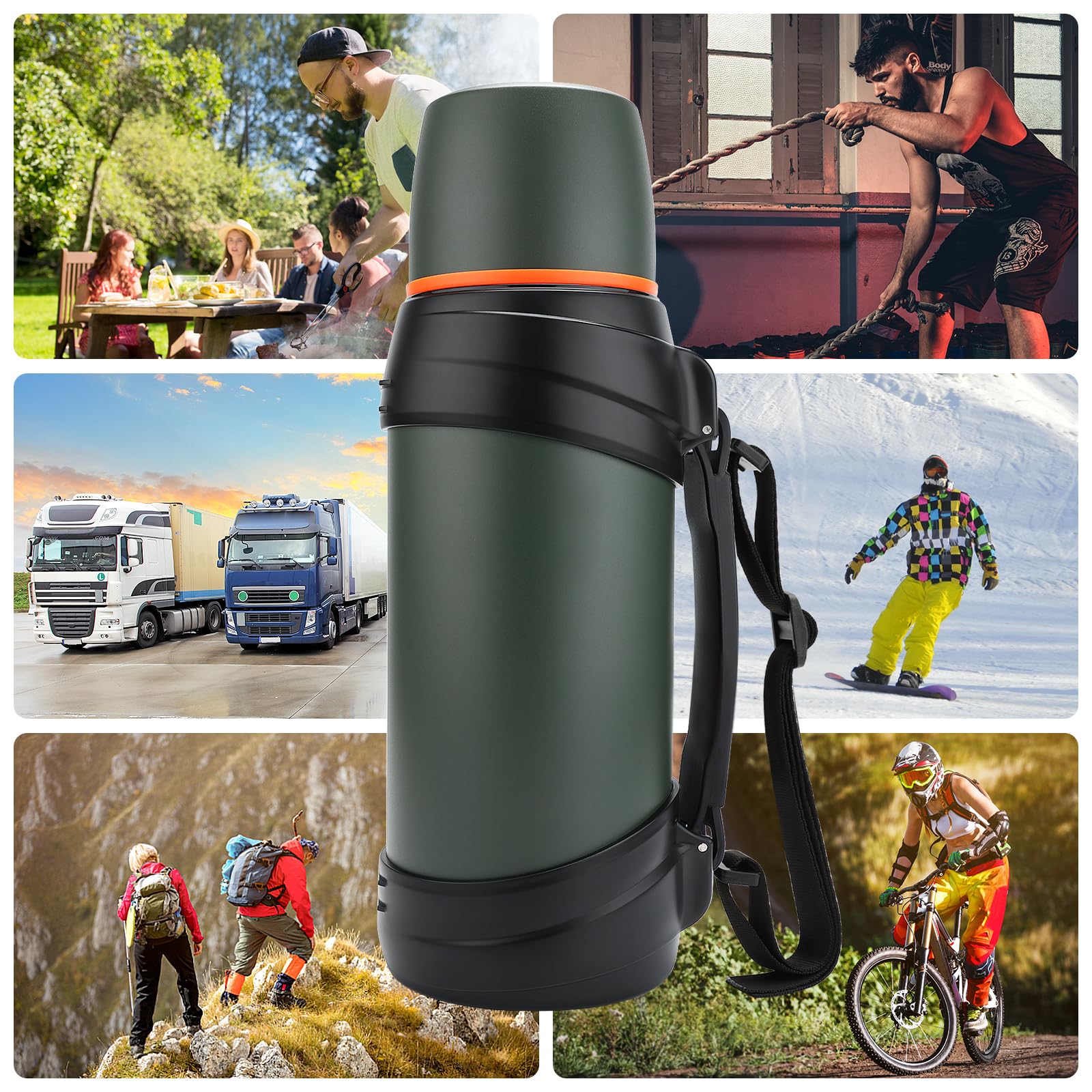 Grande bouteille thermos à café de 1,8 l pour voyage – Bouteille isotherme classique avec tasse en plastique – Bouteille de boisson isotherme en acier inoxydable de 2 L pour la randonnée, la