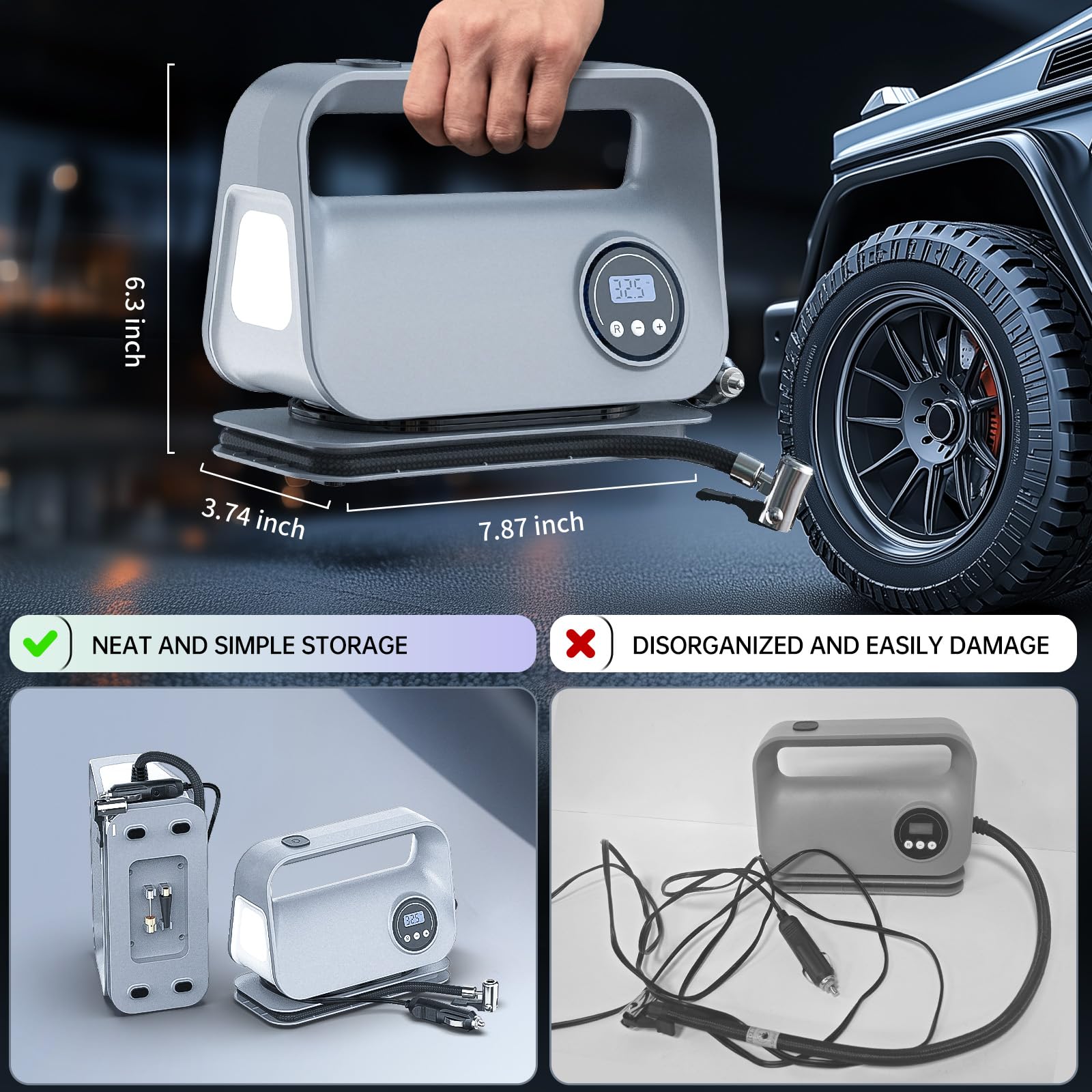 YIJU Inflador de neumáticos portátil compresor de aire bomba de aire para neumáticos de coche, accesorios de coche, bomba automática de 12 V CC con manómetro digital, luz LED de emergencia para