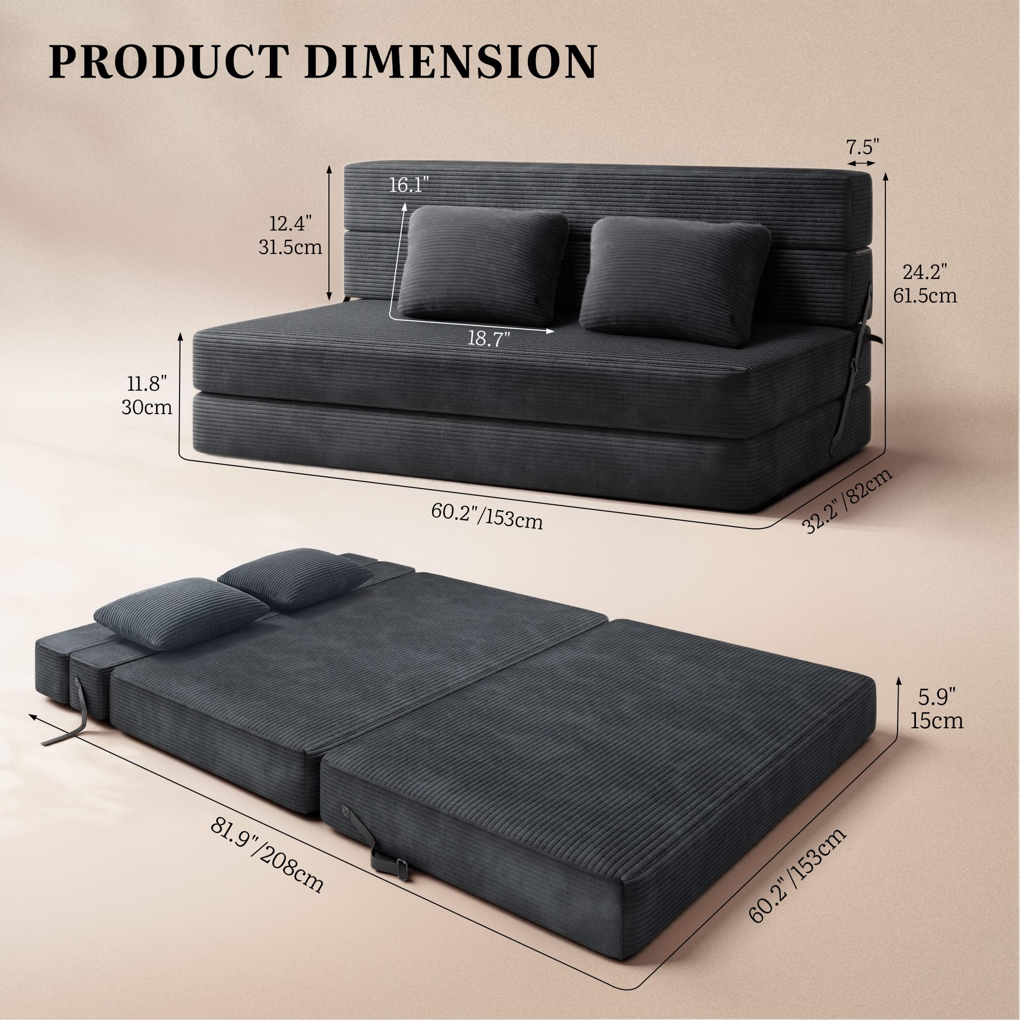 YITAHOME Convertible Sofa Bed | Floor Futon Couch with Corduroy Cover & High-Density Memory Foam, Folding Chair Bed for Dorms Guest Room and Apartment, Queen