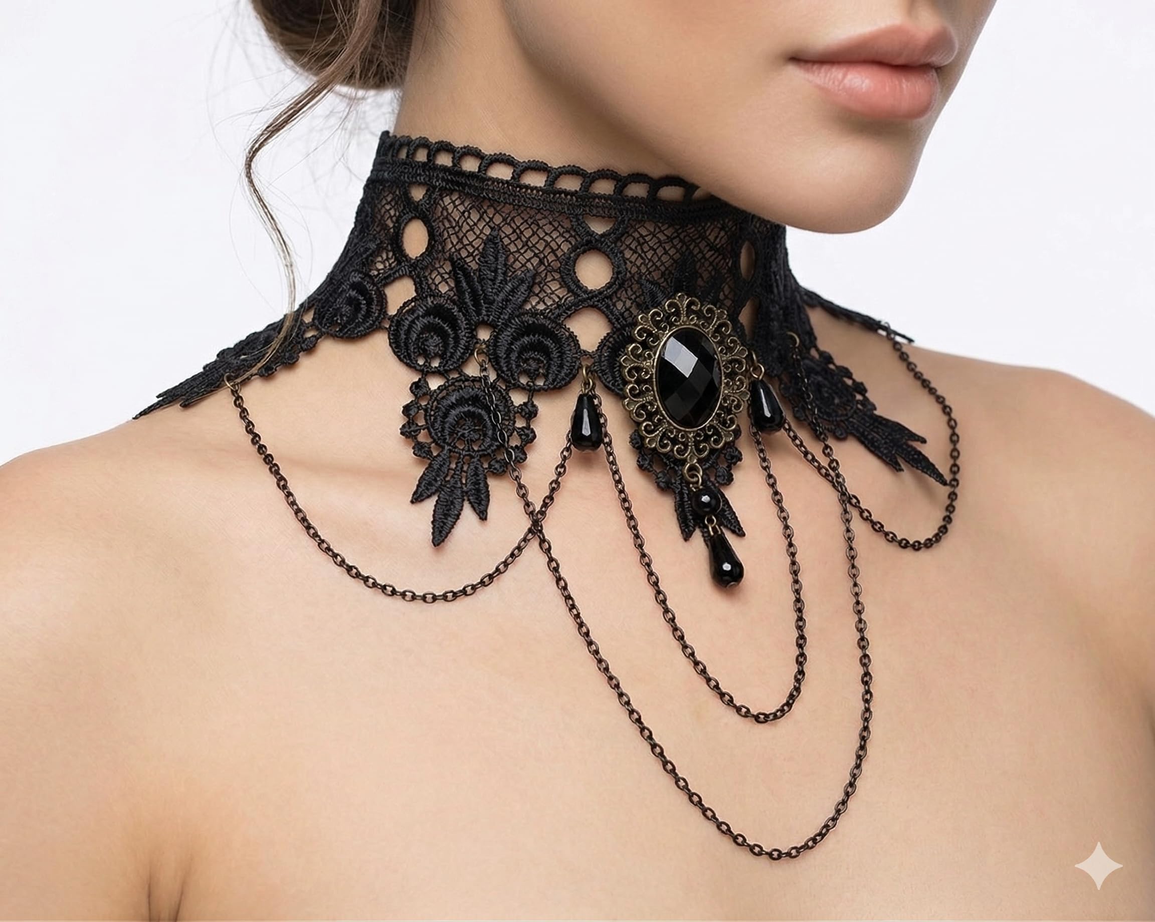 Artifice Lace choker Rhinestone Chain Necklace Elegant Sexy Retro Halloween Christmas Necklace BLACK