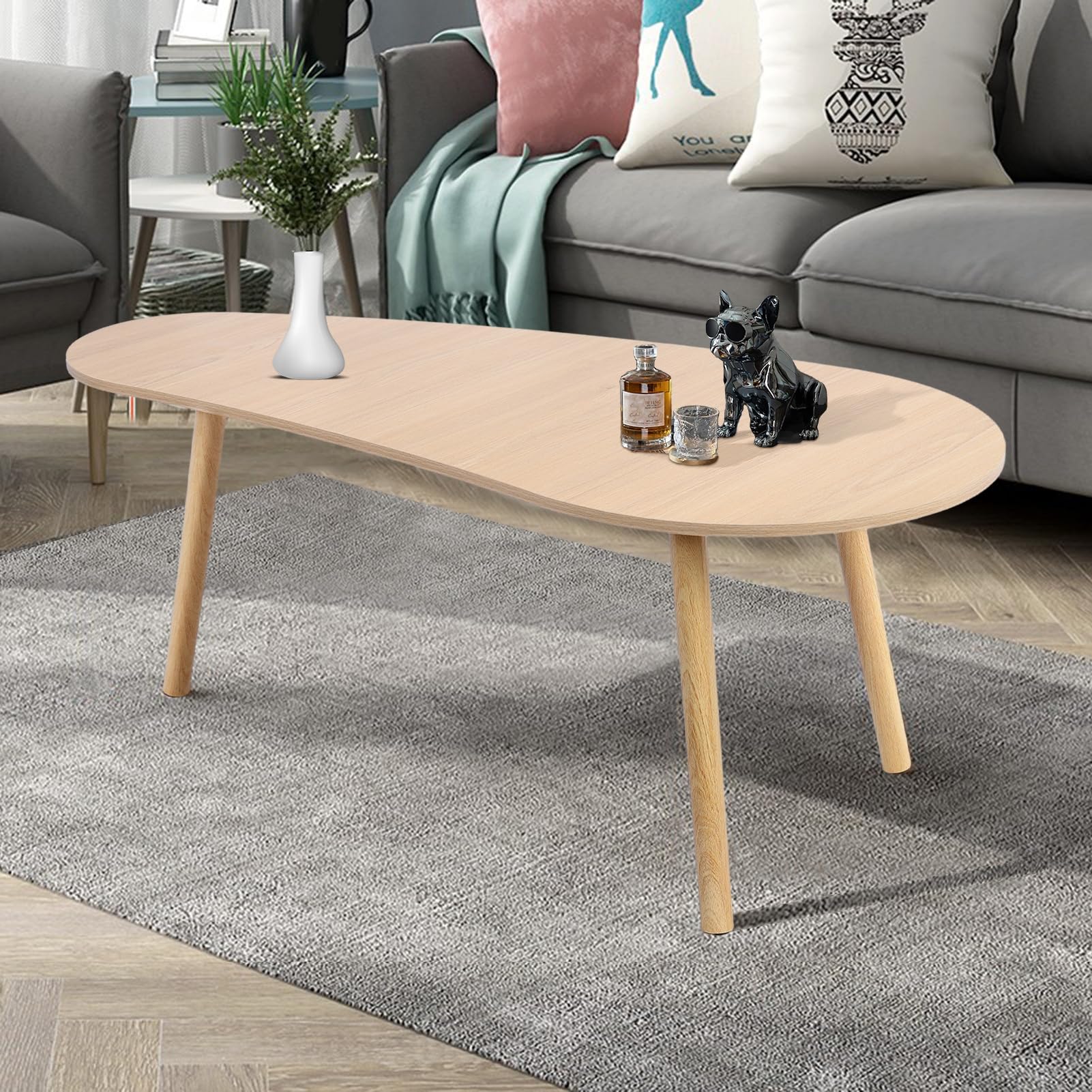 Honrane 39 Inch Coffee Table Mango Shape Tea Table Living Room Table Shipment from The US Wooden Color