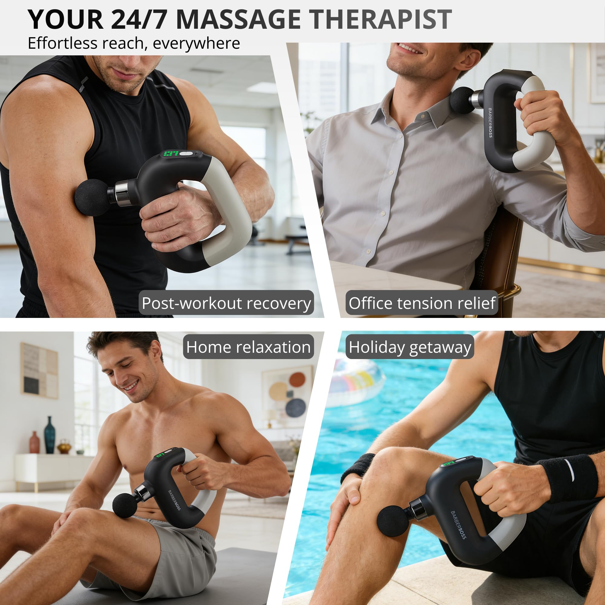 BarberBoss Pistola per massaggi Small, Massaggiatore Muscolare, QR-3641 | 9 livelli di intensità, 8 testine intercambiabili, Portatile con custodia, Massaggiatore muscolare