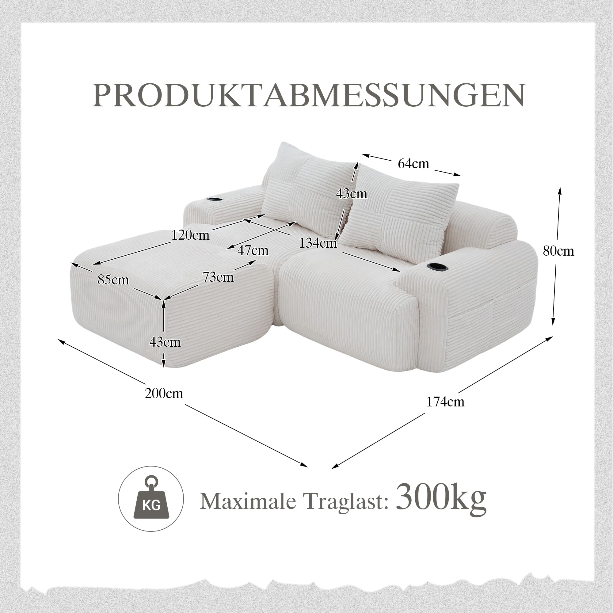 Bladez Sofá modular en forma de L, sofá de 2 plazas de cordón moderno con taburetes, sofá de asiento profundo sin montaje, con portavasos y bolsillo lateral, para sala de estar (Beige, 2 plazas+1)