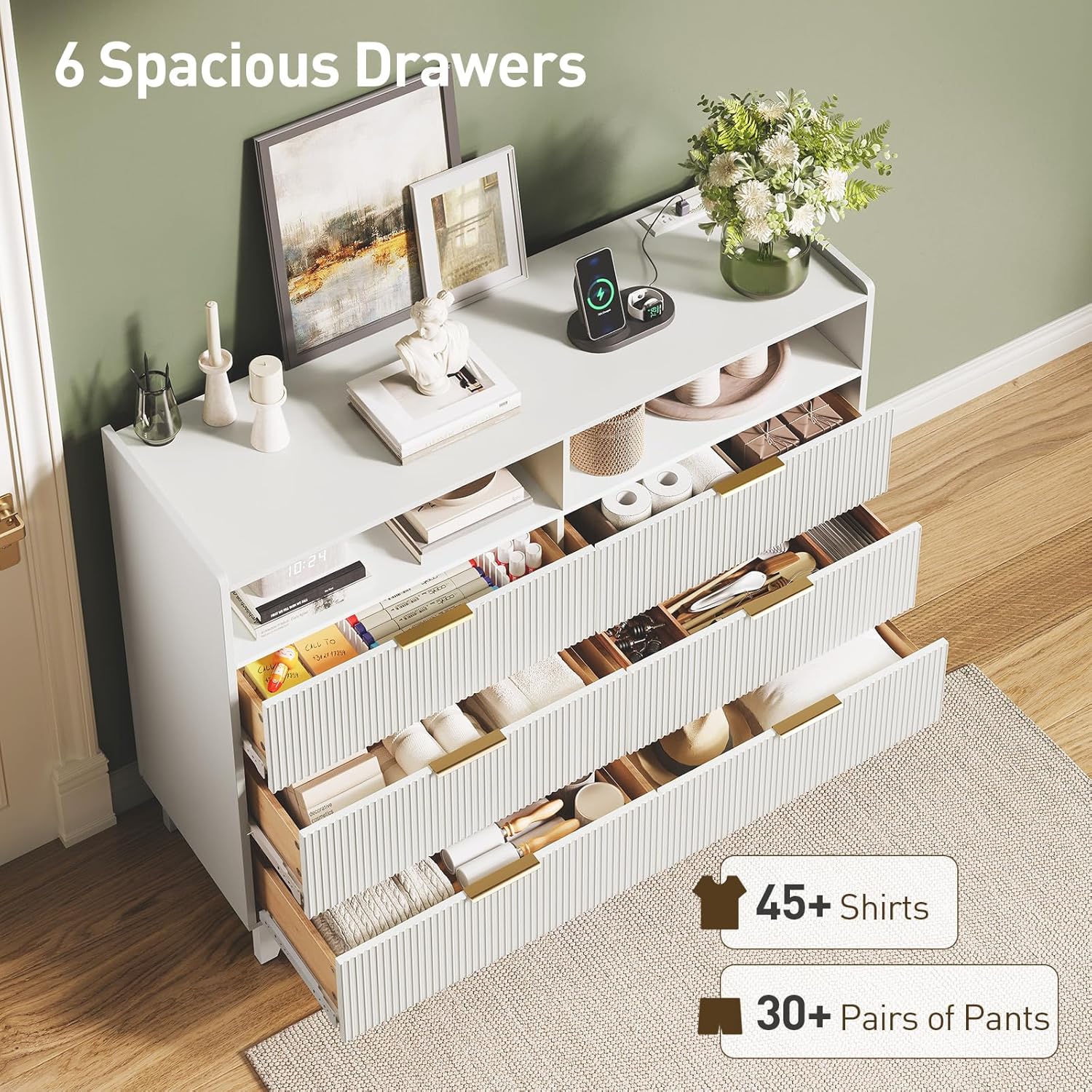 Fluted 6 Drawer Dresser for Bedroom, White Wooden Chest of Drawer with Charging Station, Dresser TV Stand, Double Wooden Drawer Organizer for Bedroom, Living Room, Hallway, White