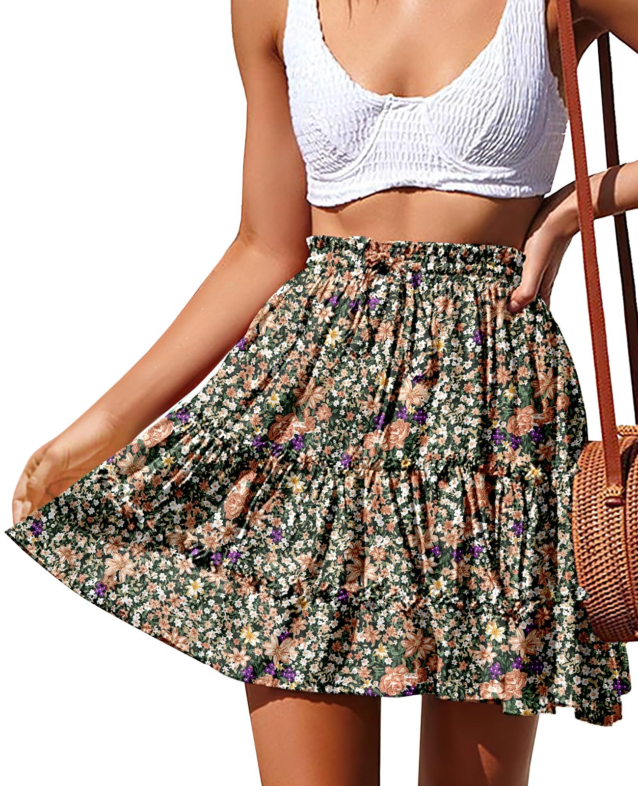 NASHALYLY Women's Summer Boho Floral Print Mini Skirt High Waist Drawstring Tiered Skirts
