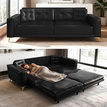 92" King Pull Out Sofa Bed, PU Leather Convertible Sleeper Couch with Tufted Design, Oversized 4-Seater Modern Mid Century Sectional Couch for Living Room, Small Spaces, Black