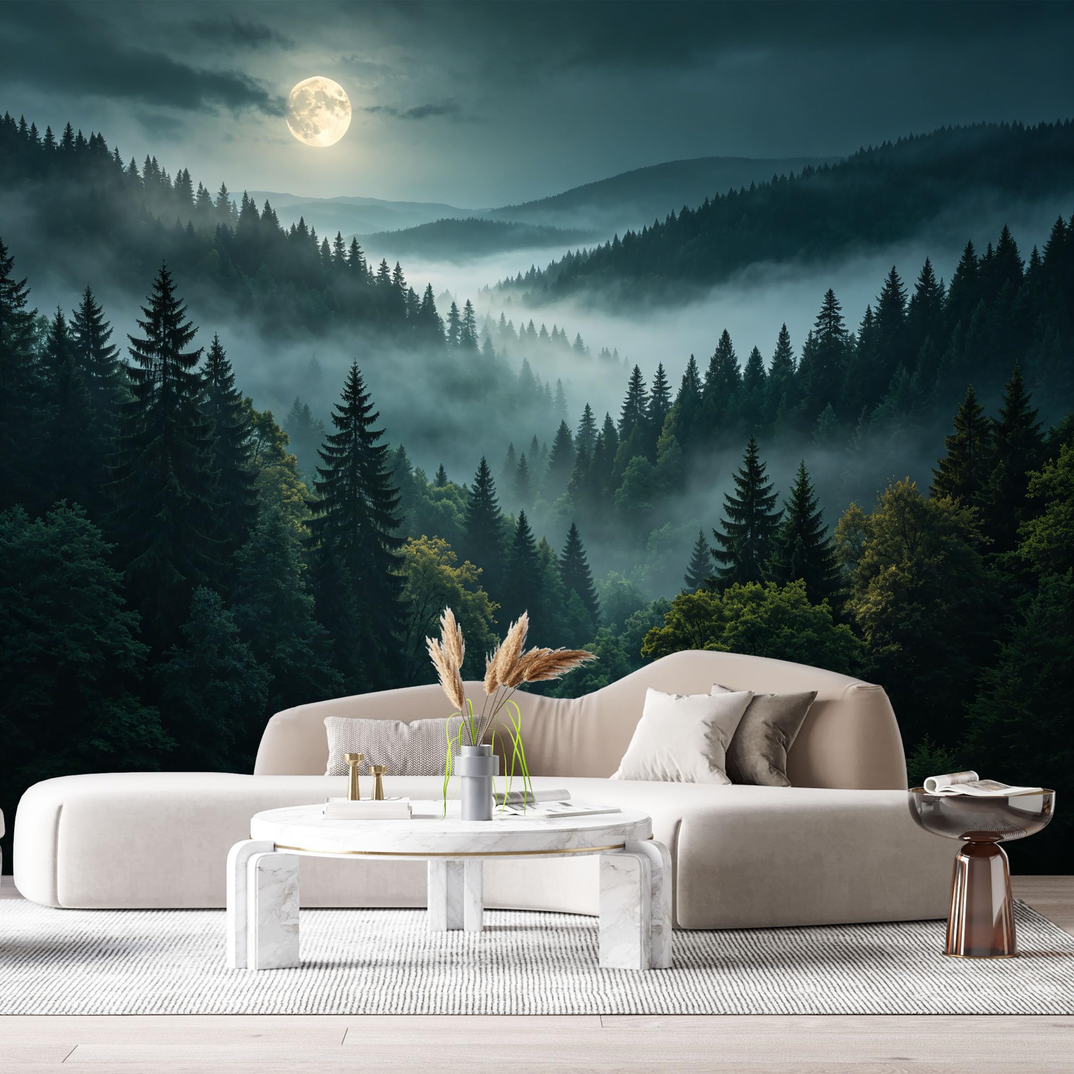 Custom Size Wall Murals Moonlit Forest Landscape Misty Mountains Night Sky SelfAdhesive Wall Fabric Removable Large Wallpaper for Photo Living Room