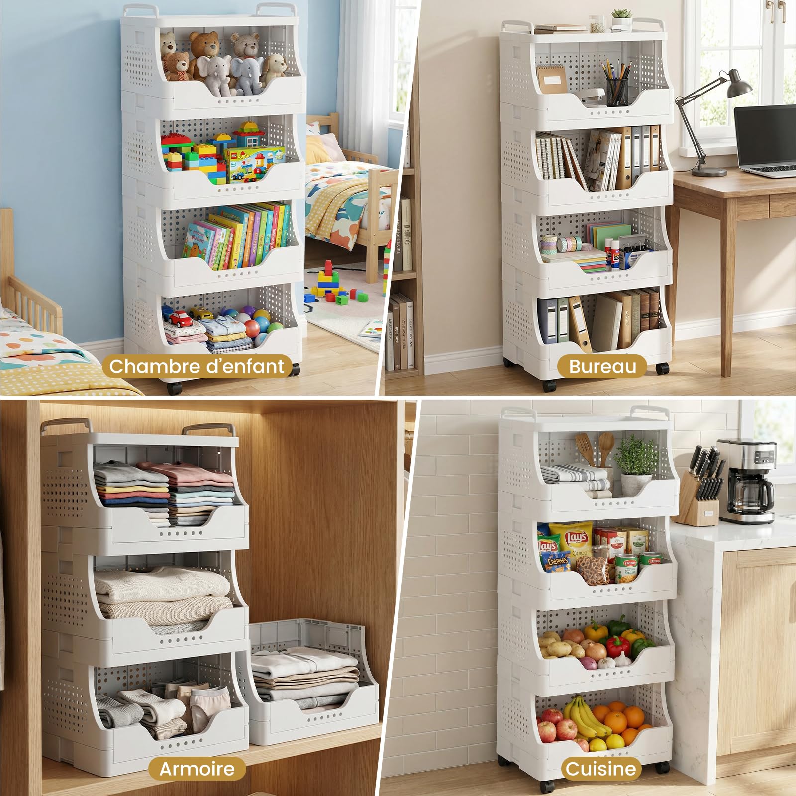 DEANIC Chariot de Rangement Pliable à roulettes, 4 Niveaux, desserte Mobile avec Plateau supérieur, Chariot de Salle de Bain avec poignées, pour Cuisine, buanderie, Rangement Maison (Blanc)
