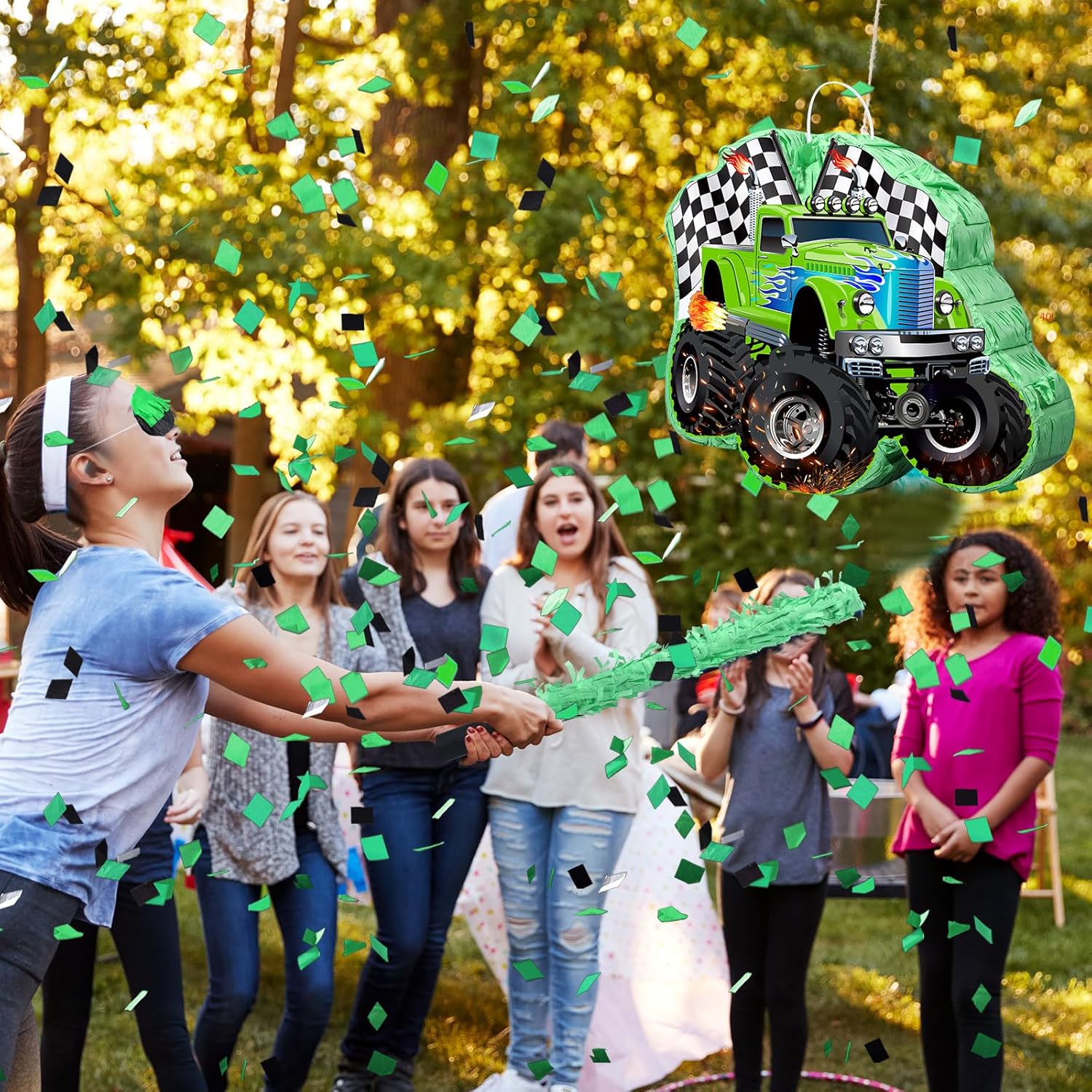 Faccito Piñata Truck Race Car of Monster with Blindfold and Stick, Green Small Racing Piñata for Boys Party Decoration, 14.1 x 12.6 x 3.2 Inch for Race Car Theme Birthday Baby Shower Party Supplies