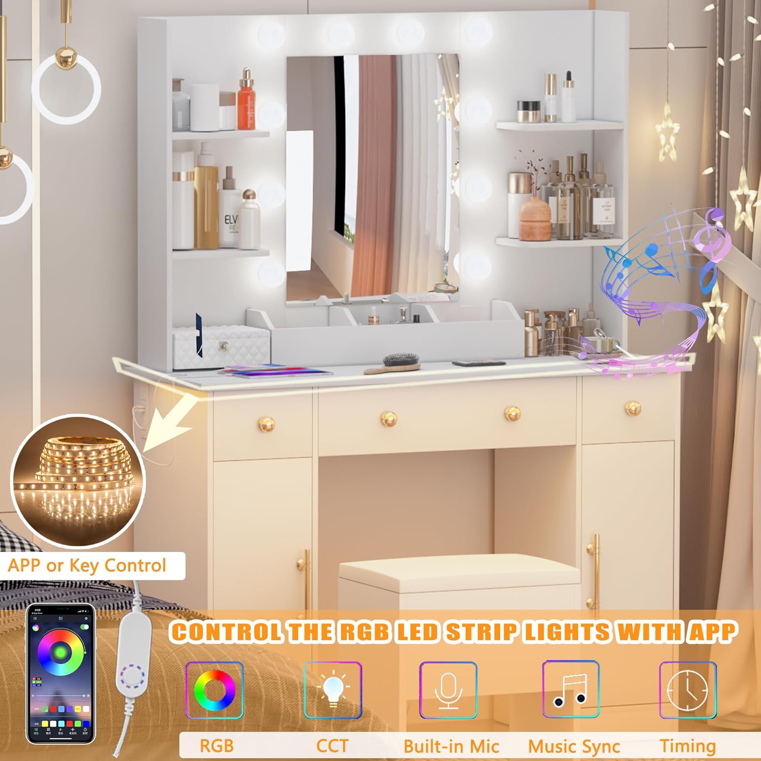 Makeup Vanity with Mirror and Lights, Charging Station & RGB LED Lights, White Vanity Desk with Drawers & Cushioned Stool for Women Girl