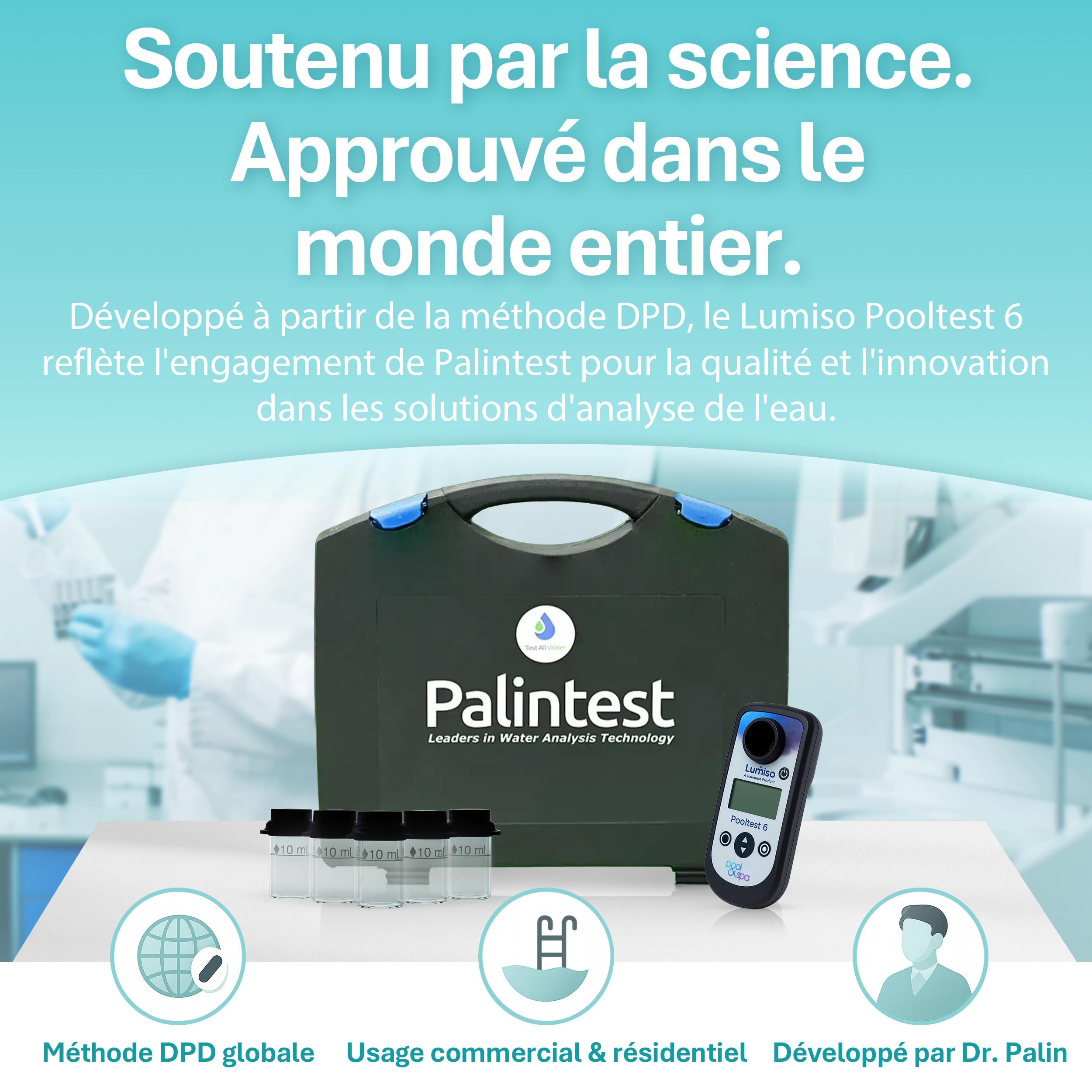 Palintest Lumiso Pooltest 6 - Testeur d'Eau Photométrique Numérique - pH-mètre et Kit de Test de Chlore pour Piscines, Jacuzzis, Spas et Eau Potable - Mesure l'Alcalinité, le Brome, l'Acide Cyanurique