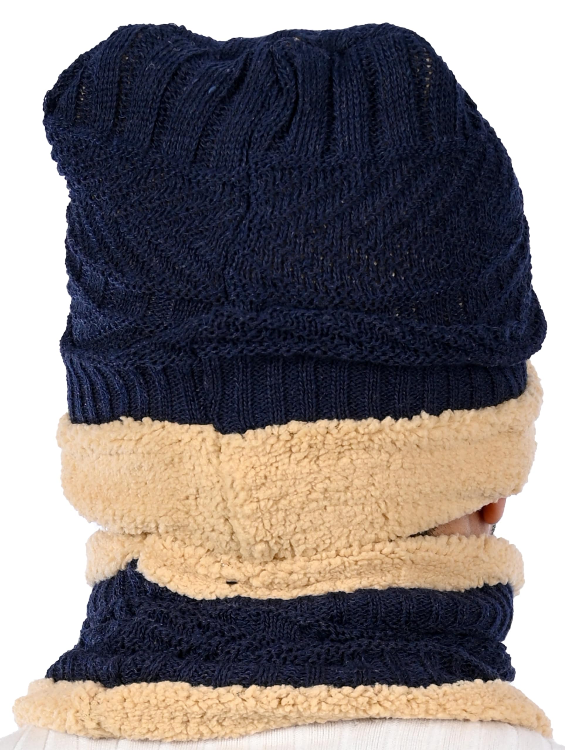MUKHAKSH (Pack of 1 Set = 1 Beanie + 1 Neck Warmer Boys Winter Woolen Warm Navy Blue Sherpa Beanie Neck Warmer Cap for Extreme Weather Cold Winter 2