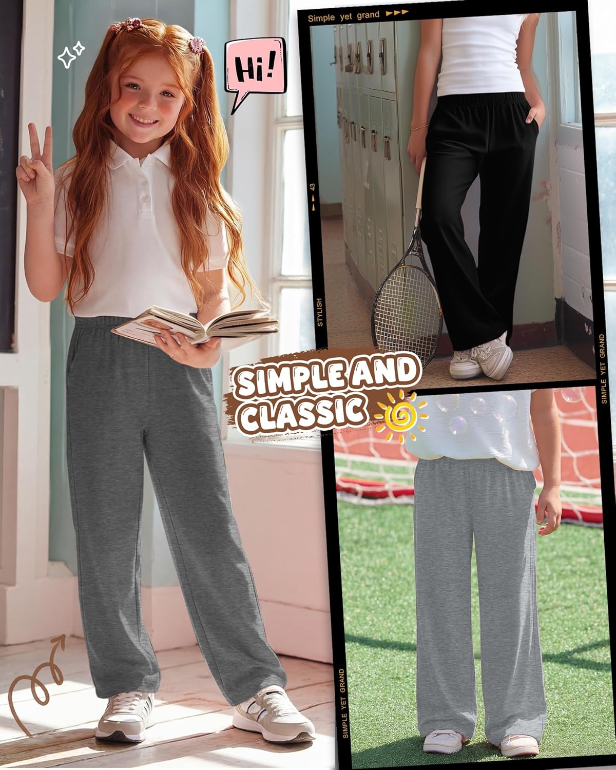 4 Pack Girls Straight Leg Pants 5-16 Years Lightweight Casual Loose Trousers Kids Baggy Soft Pants with Pockets