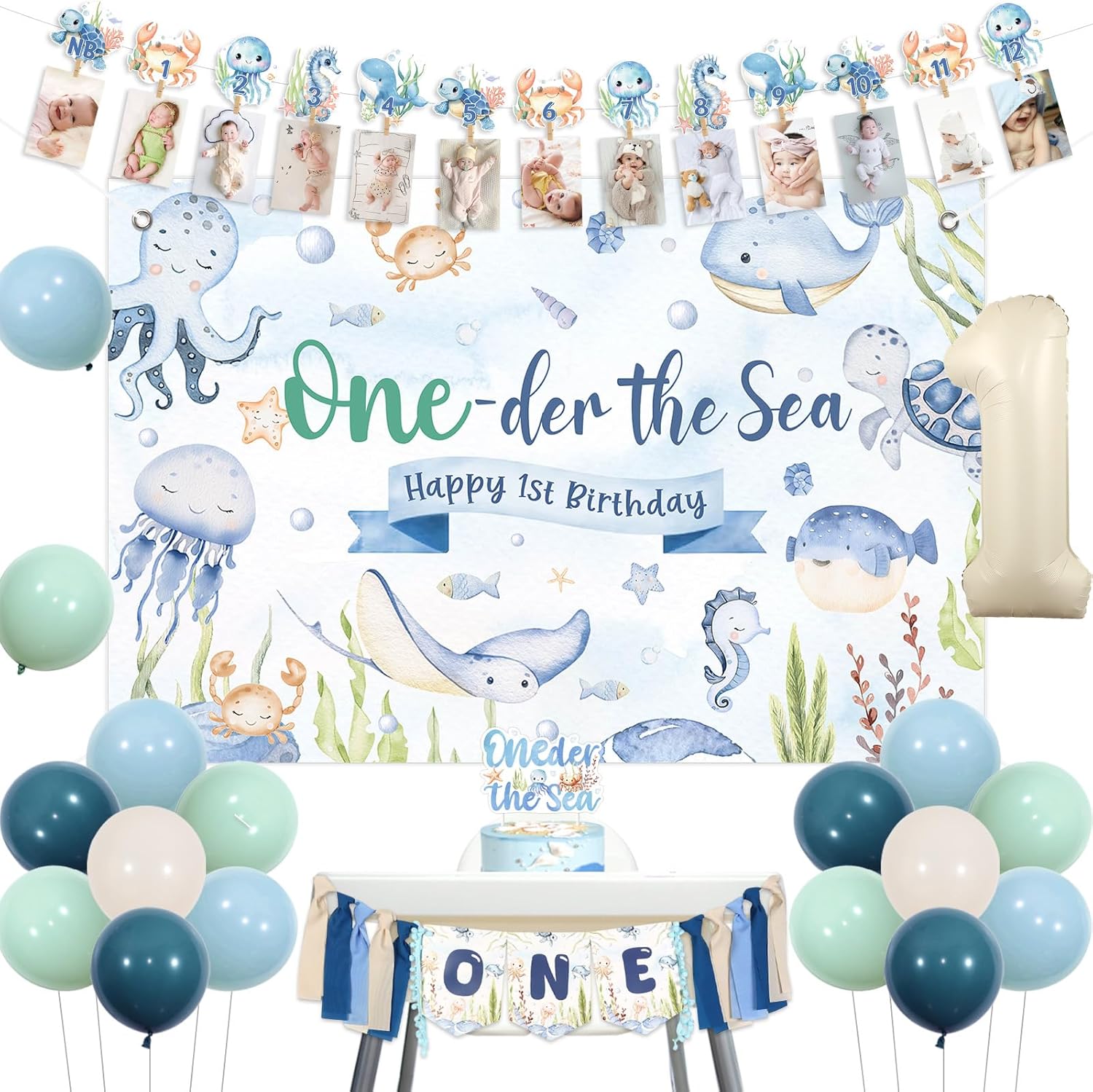 Jollyboom Oneder the Sea Party Decorations Boy, Under the Sea 1st Birthday Decorations Backdrop Photo One Highchair Banner Cake Topper Number 1 Balloons for Ocean Animal 1 Year Old Boy