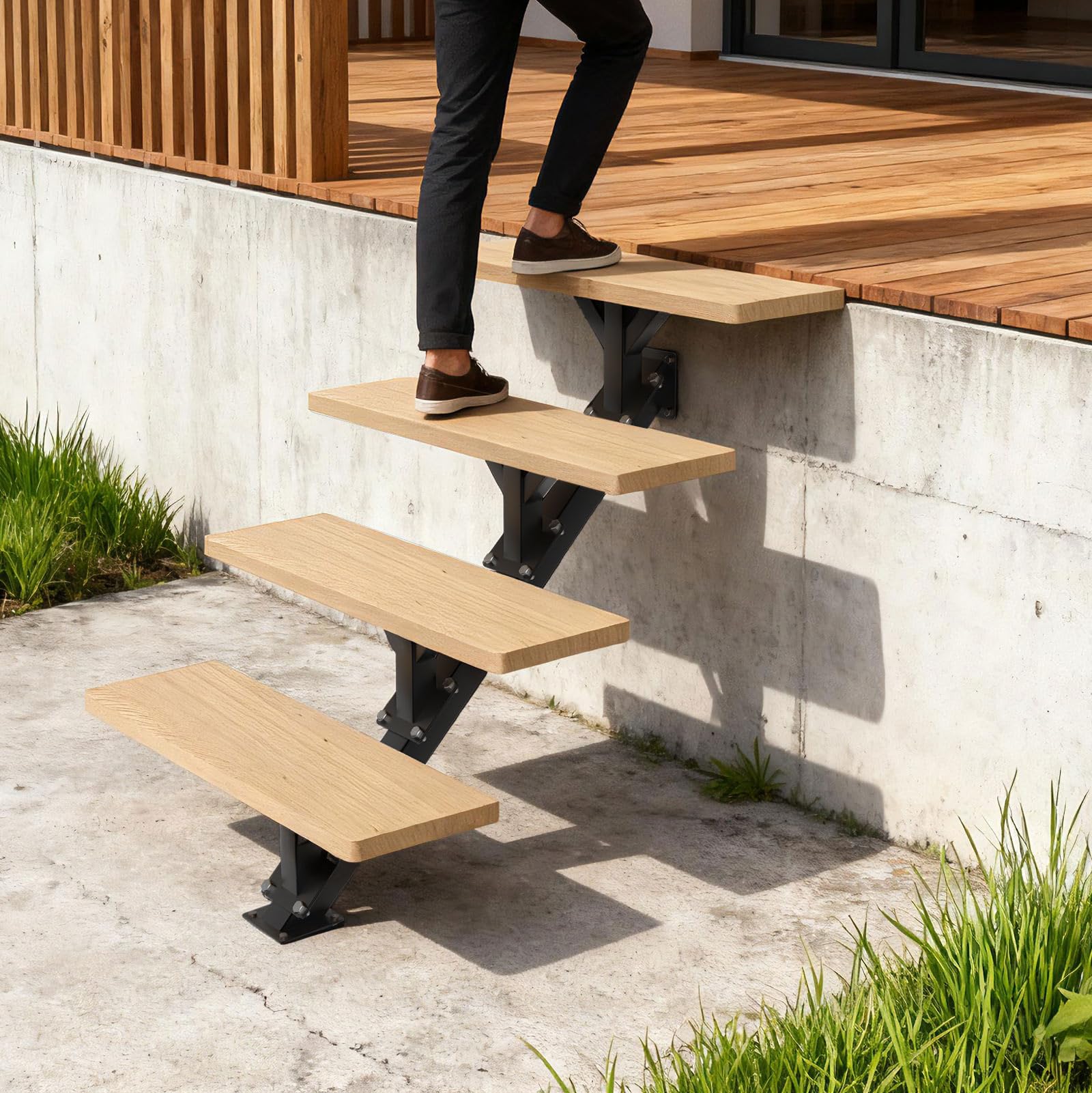 Limons d'escalier métalliques 2 marches, avec Trous pré-percés | contremarches en acier pour terrasse de 33 cm de hauteur,charge maximale 225 kg,extérieures pour terrasse, porche, patio