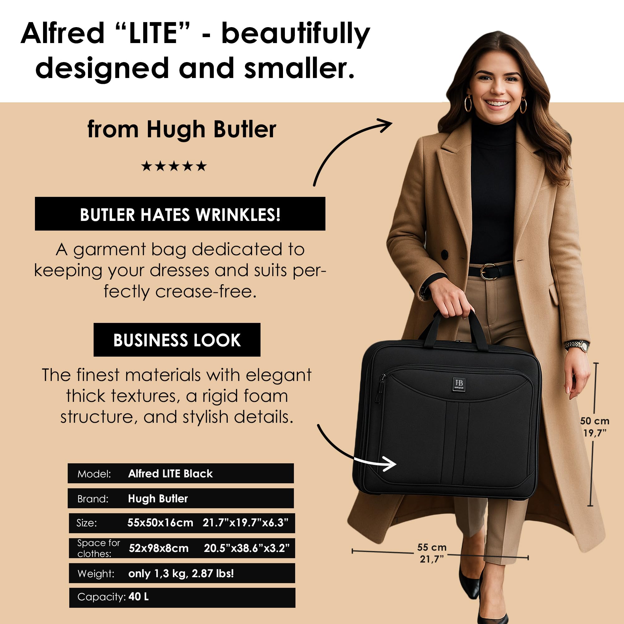 Reisetasche für Kleidung, Kleidersack für Anzüge, Alfred Lite | Kleider, Anzugtasche für Kleidung in Größen XS-M, Schwarze Gepäcktasche, Klamotten ohne Falten, 55 cm x 50 cm