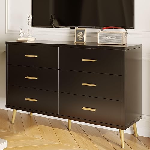 Alorksi Cómoda de 6 cajones negra para dormitorio