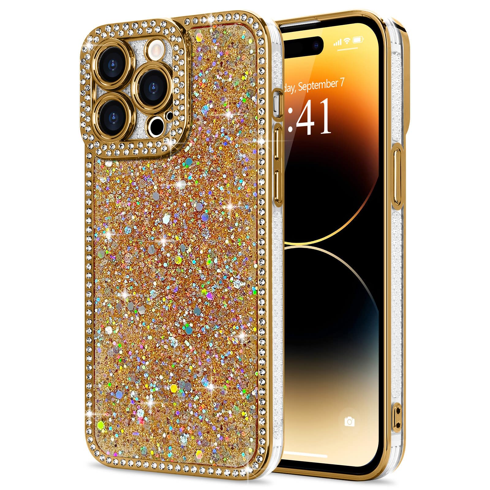 Lafunda for iPhone 14 Pro Max Case Glitter, Luxury Shiny Bling Sparkly Bumper Cover with Crystal Diamonds for Women Girls Soft Slim Shockproof Protective Phone Case for iPhone 14 Pro Max 6.7", Gold