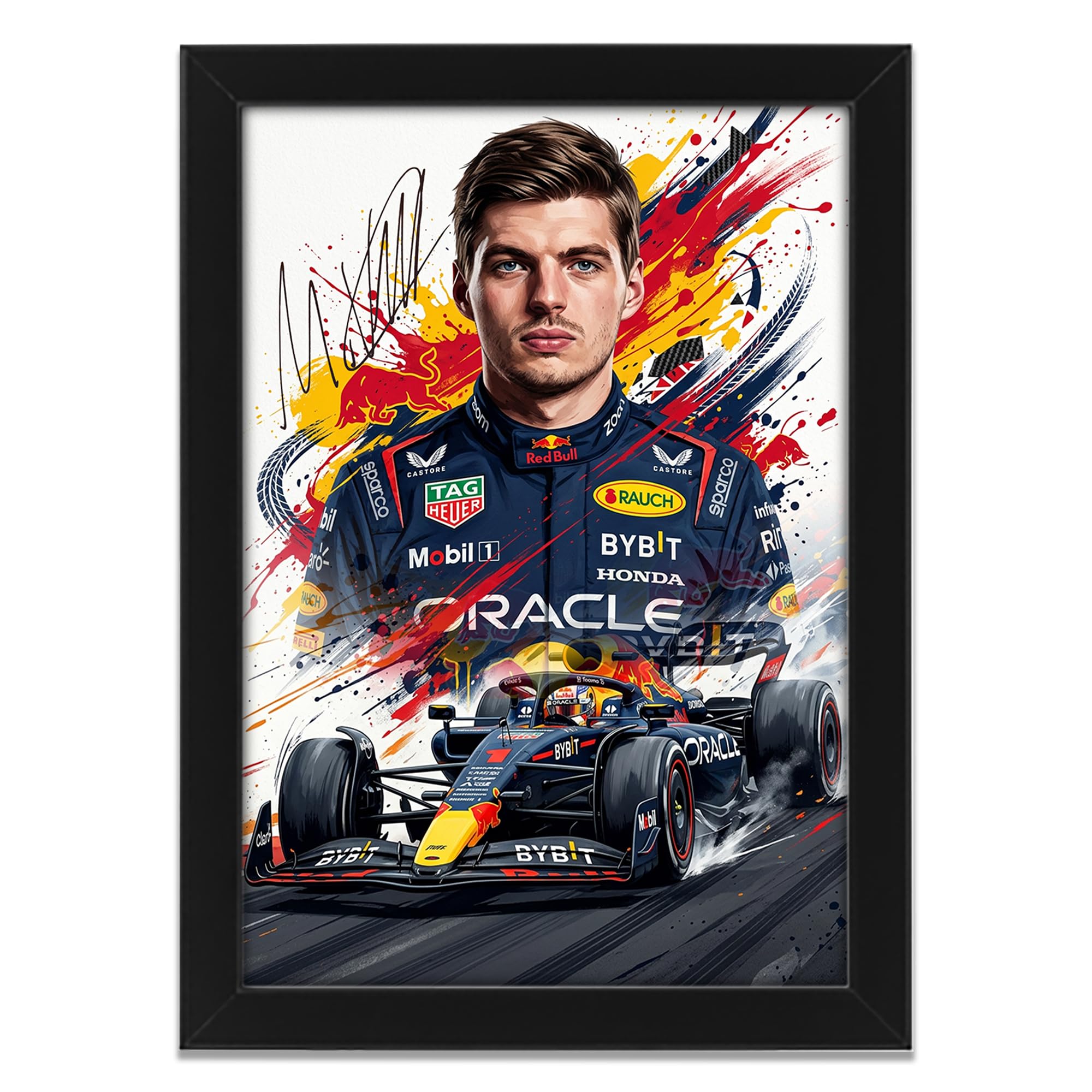 Max Verstappen Racing Driver Signed Poster Print | Limited Edition Autograph Fan Gift | Collectible Motorsport Memorabilia Merchandise | Number 1 Navy Racing Suit Art Collage Wall Art (A3 Framed)