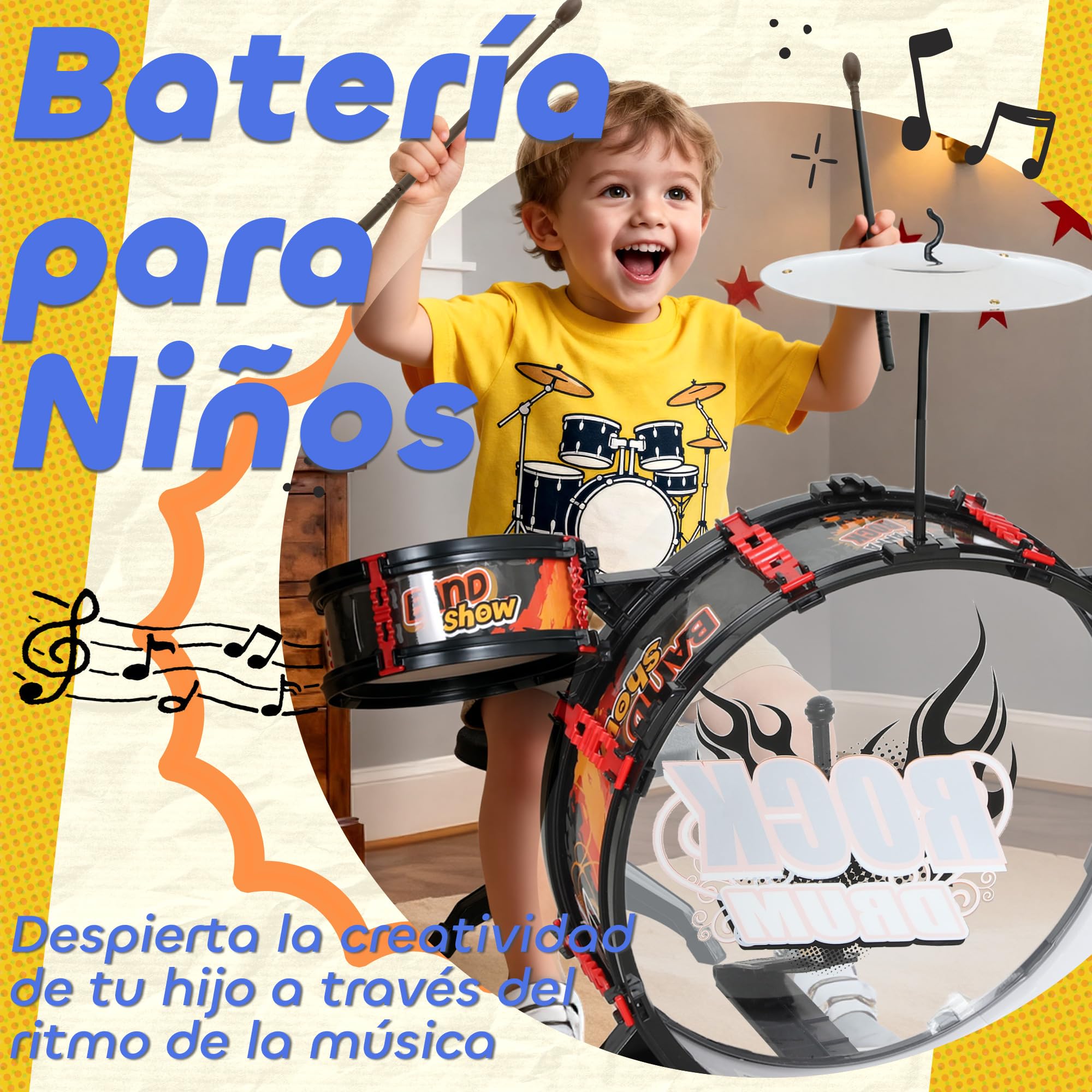 AIYAPLAY Batería Infantil con Taburete Tambores 59,5x31,5x59 cm Negro