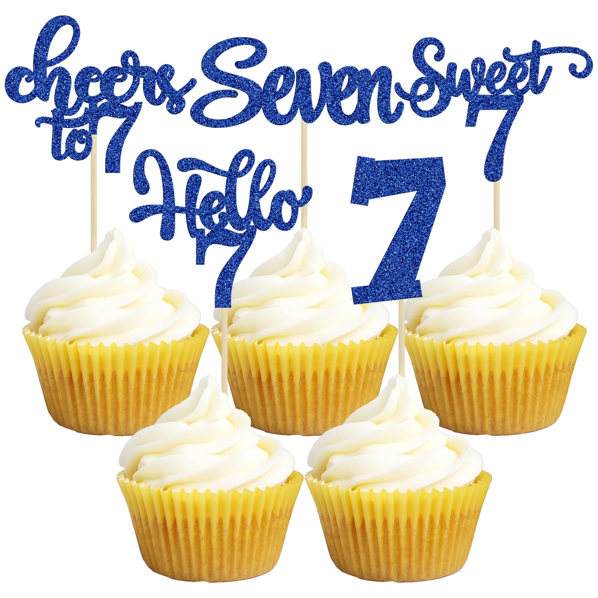 30Pcs 7th Birthday Cupcake Toppers Glitter Seven Happy 7 Cupcake Picks Cheers to 7 Years Old Cake Decorations for 7th Birthday Party Supplies Deep