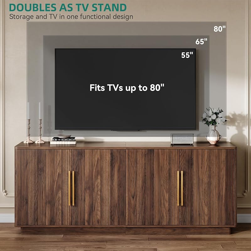 YITAHOME 70" TV Stand for up to 80" TVs with 4 Fluted Doors, Natural Oak image 4